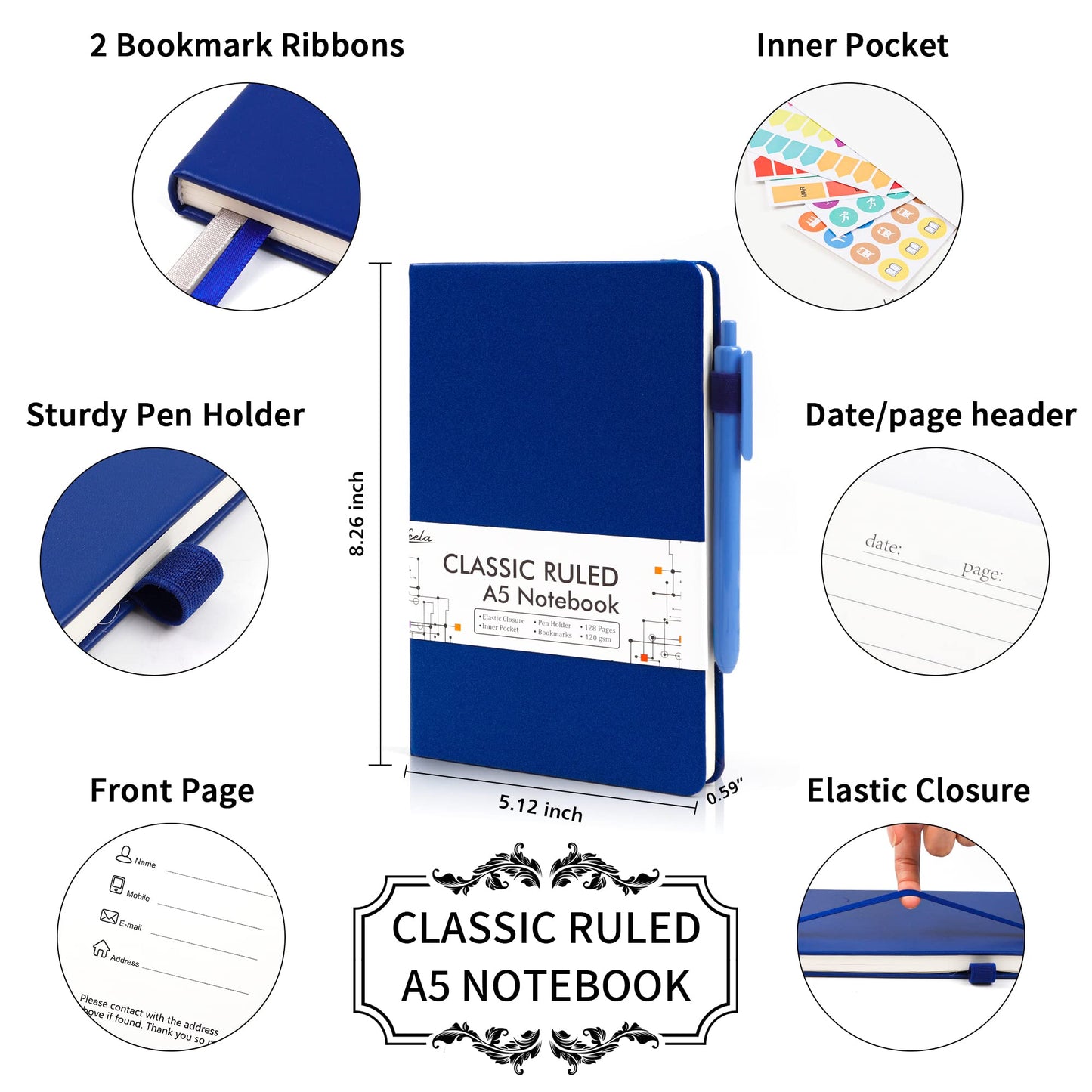 feela 12 Pack Notebooks Journals Bulk with 12 Black Pens, A5 Hardcover Notebook Classic Ruled Journal Set with Pen Holder for School Business Work Travel Writing, 120 GSM, 5.1”x8.3”, Navy