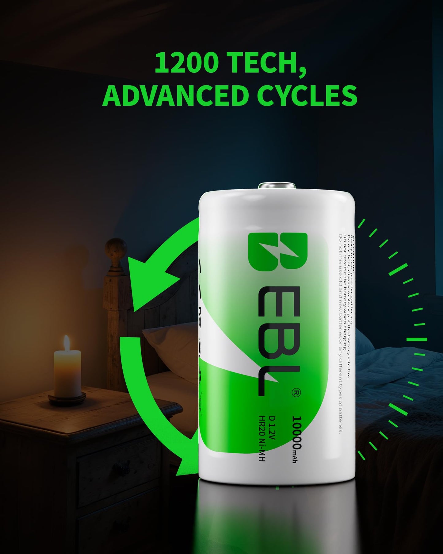 EBL D Rechargeable Batteries, 1.2V NiMH D Battery, 1500 Cycle Life, 10000mAh High Capacity, Included Battery Case (Pack of 4)