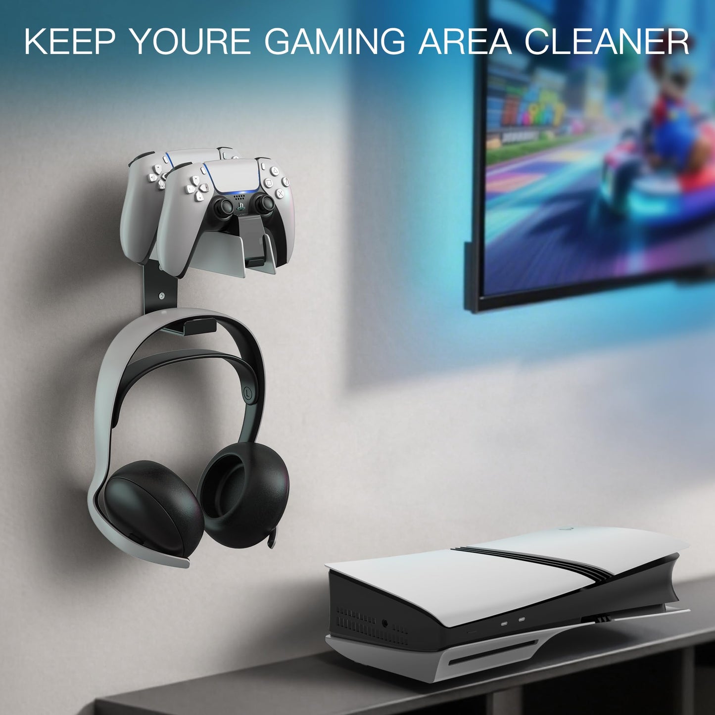 JUSPRO Metal Wall Mount for PS5 DualSense Charging Station - Sturdy Space-Saving Dock Bracket with Headphone Hanger Compatible with PlayStation 5 Controllers