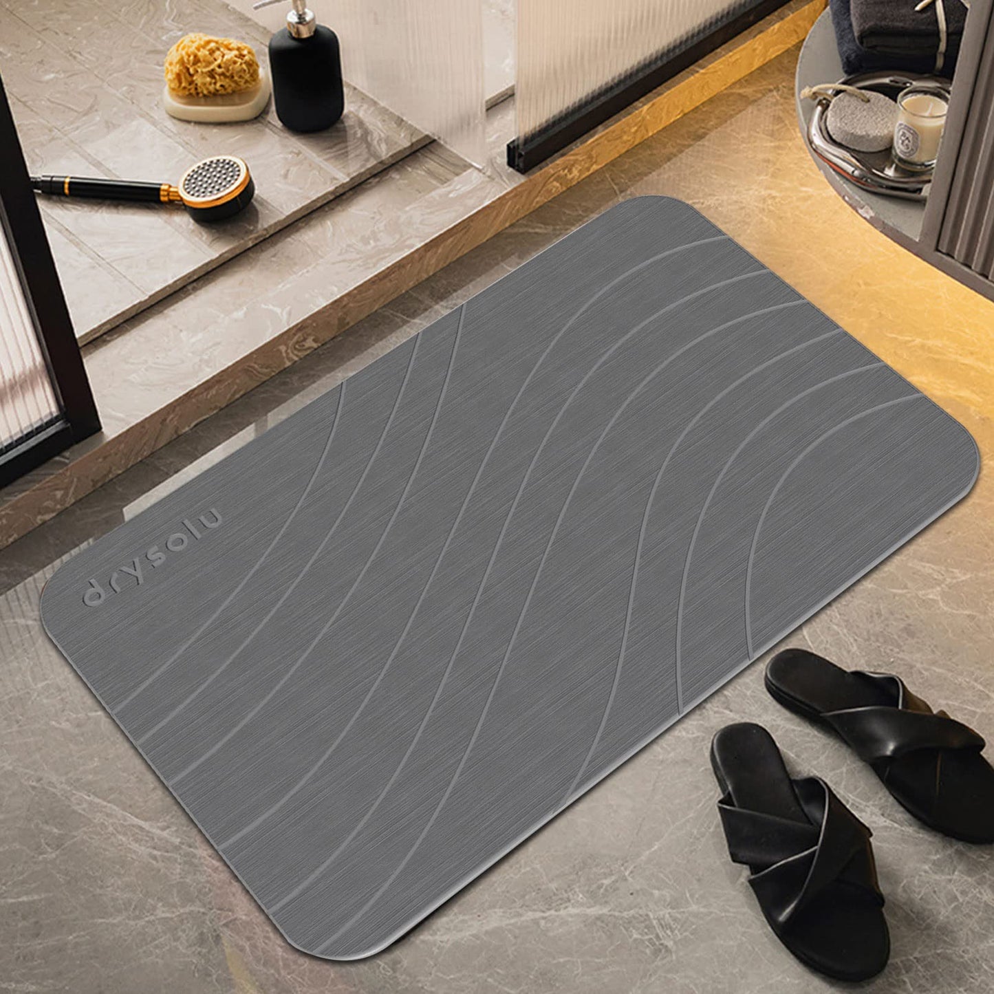 DRYSOLU Stone Bath Mat Diatomaceous Earth Bath Mat Stone Shower Mat Fast Water Drying Ultra Absorbent Pad Diatomite mat,Non-Slip Mat for Bathroom Shower,Kitchen,Pet,15.35x23.62in,Hard,Gray,1-Pack