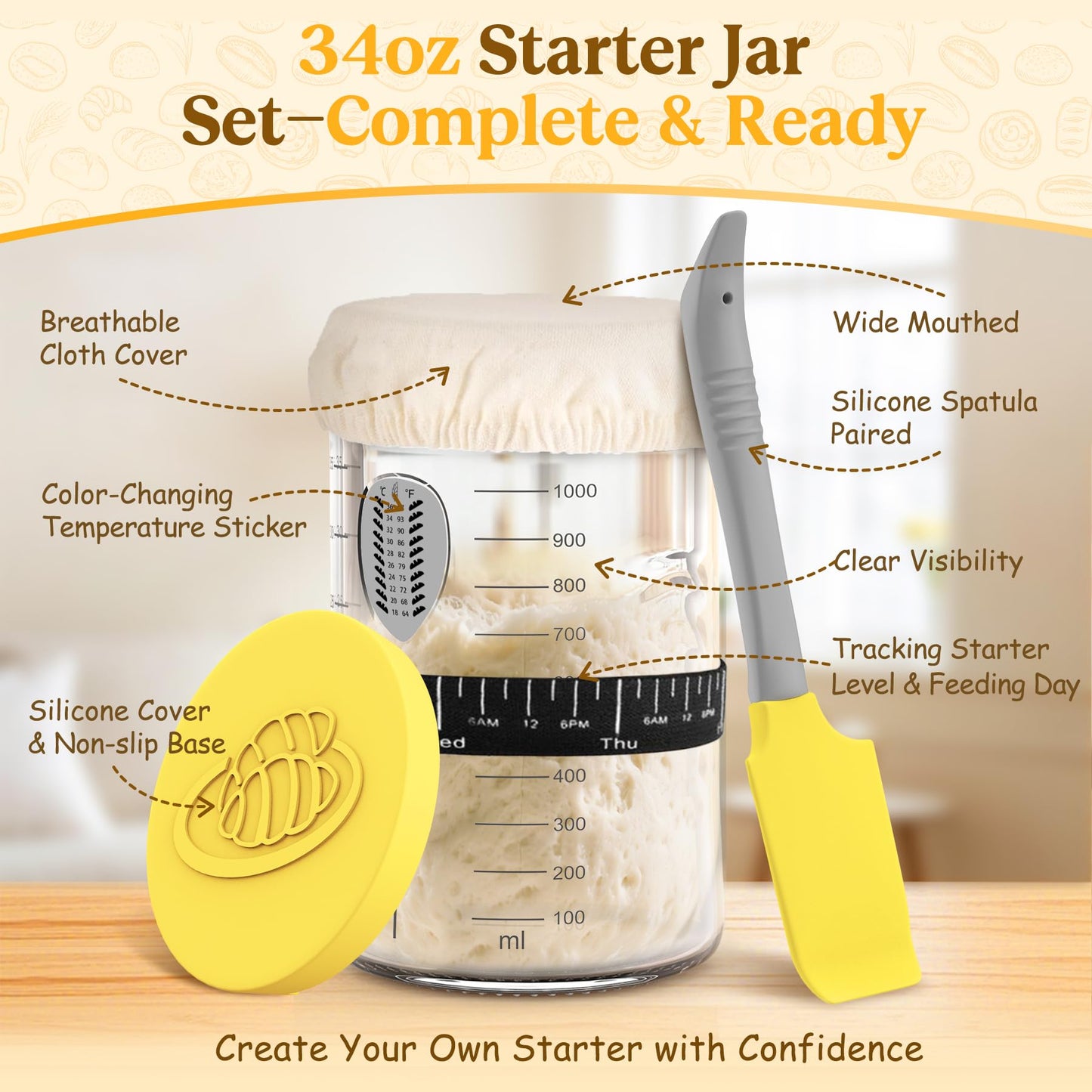 Sourdough Bread Starter Kit – Complete Sourdough Kit with Cotton Banneton Proofing Basket, 34oz Sourdough Starter Jar & Sourdough Tools – Sour Dough Starter Kits Gift for Bakers Beginners Moms