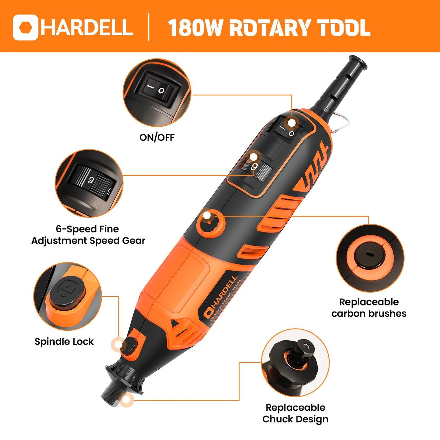 HARDELL Rotary Tool Kit - 180W Corded Power Rotary Tool 6 Variable Speeds with 61 Accessories, 8000-35000RPM, for Sanding, Polishing, Cutting, Engraving,Carving, DIY Crafts
