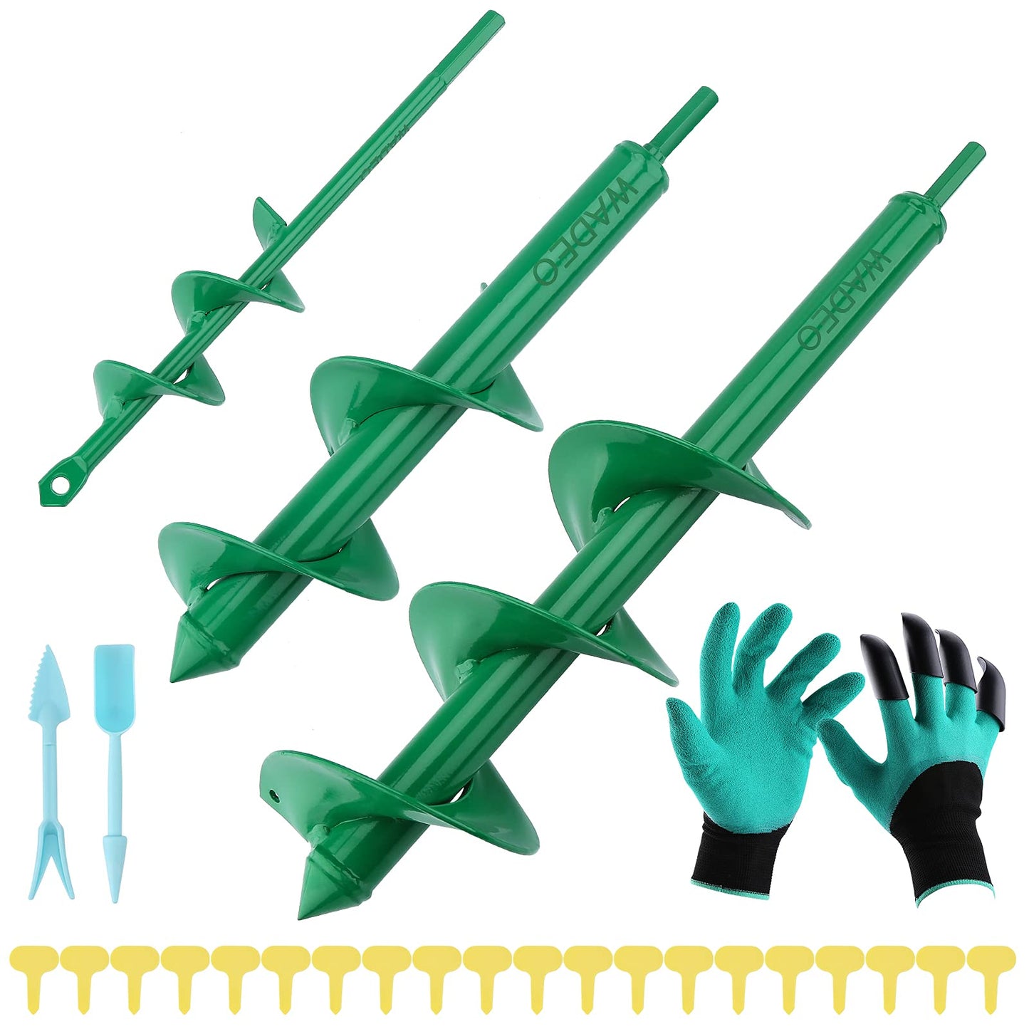WADEO Auger Drill Bit Set, 3 PCS Spiral Hole Drill Planter, Bulb Auger for Cordless Drill, Dirt Auger With Garden Genie Gloves, 20pcs Plant Label and 2 Shovel