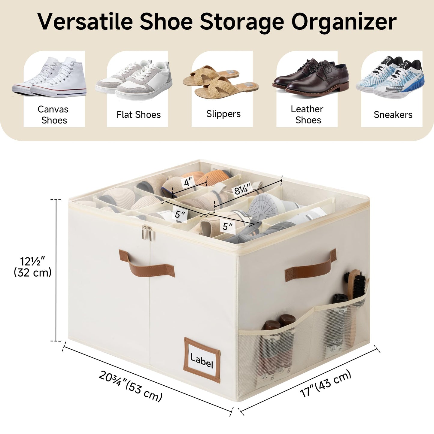 StorageWorks Shoe Oragnizer for Closet, 2 Pack Shoe Storage Cubes Holds Up to 16 Pairs, Space Saving Storage Boxes with Lid and Hanldes, Beige