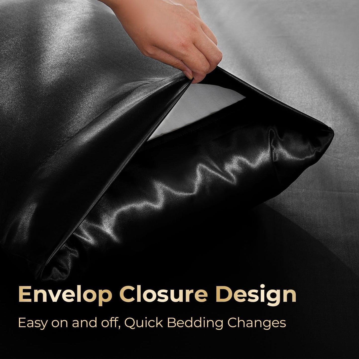 Sasttie Satin Sheets Queen - 4 Pieces Luxury Soft Black Silky Bed Sheets Set with Pillowcases - Smooth Silk-Like Drap Satin Fabric, Reinforced 14 Inches Pocket, Oeko-Tex Certified
