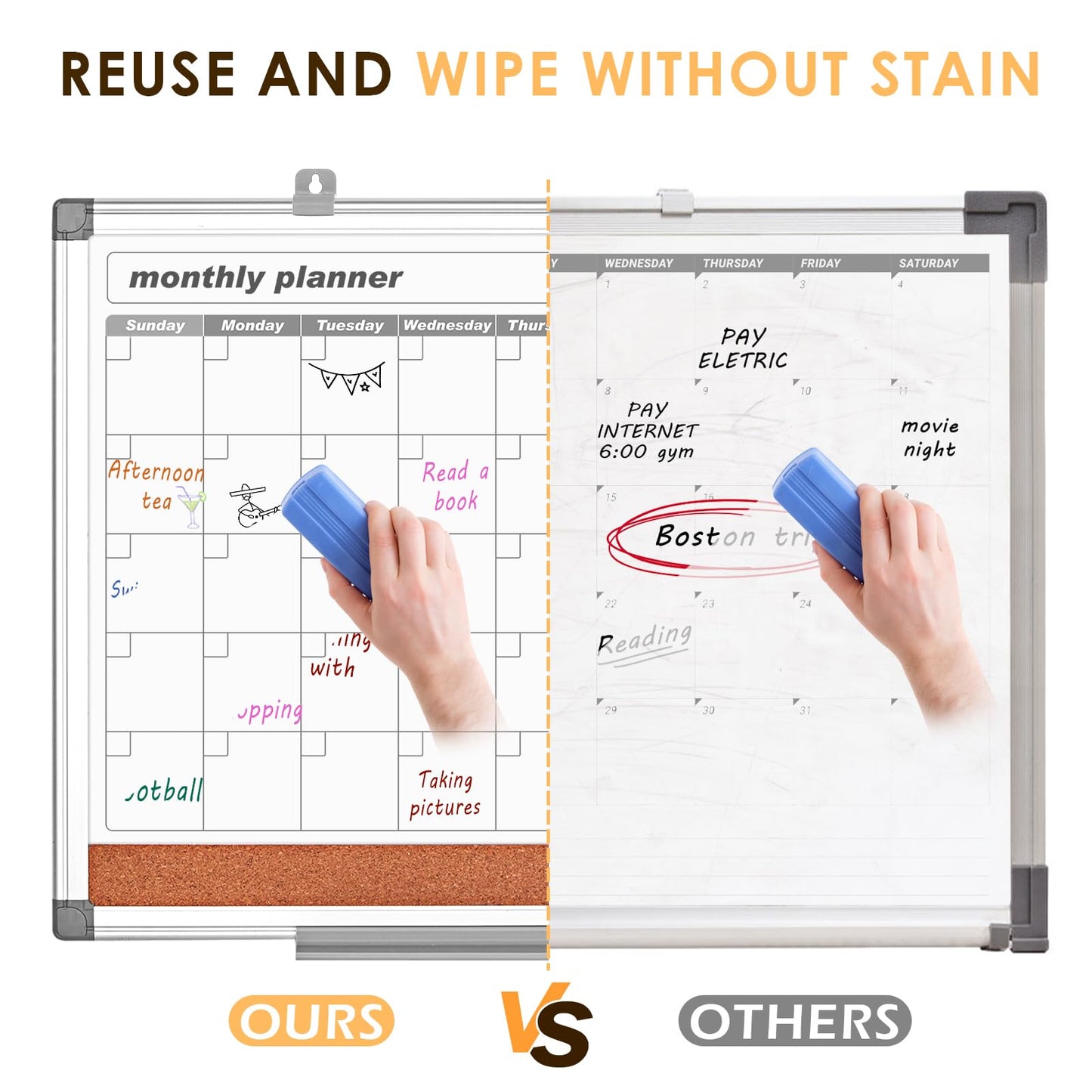MAKELLO Monthly Dry Erase Calendar Whiteboard Cork Board Combo for Office, Classroom, Kitchen and Bedroom, 36x24 inch