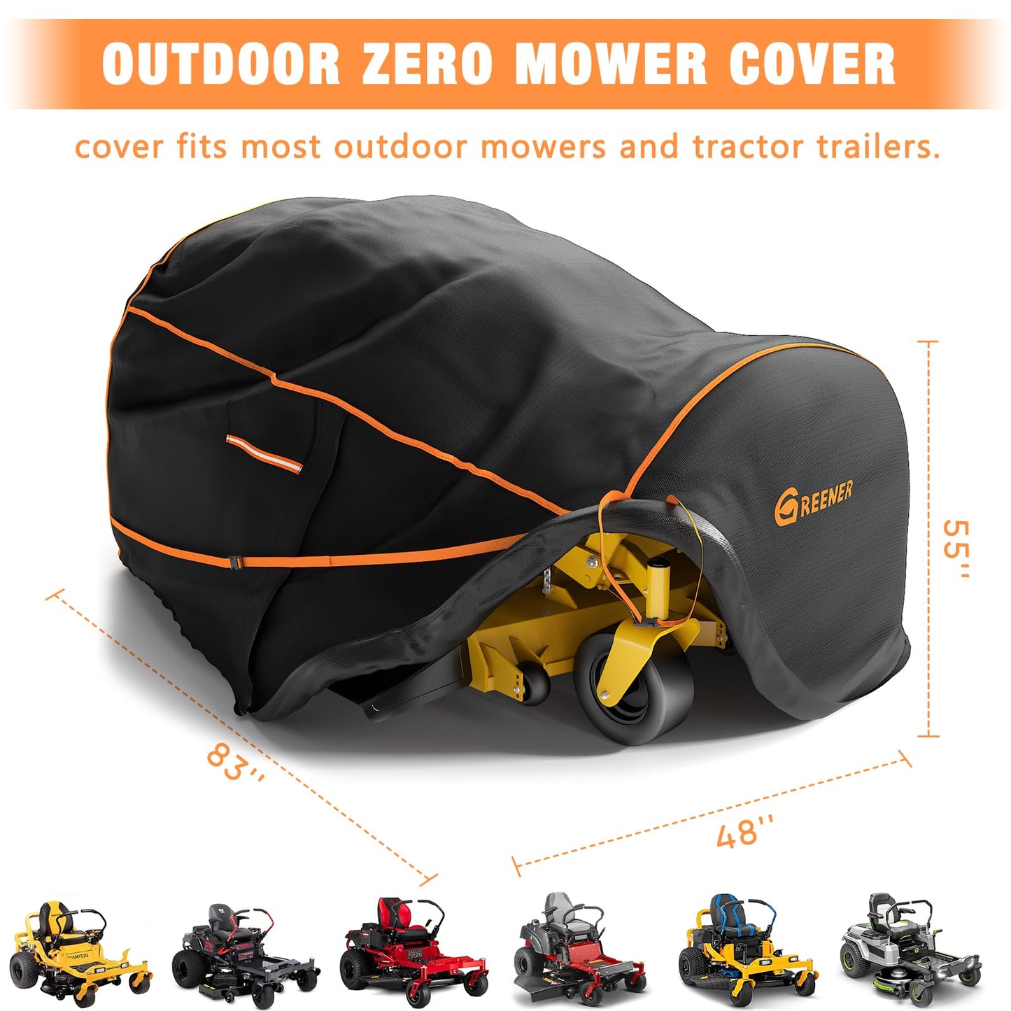 GREENER Zero Turn Lawn Mower M (800D)- Tractor Cover Fits Decks up to 54" Heavy Duty Protector, Universal fit for John Deere, EGO, Toro and More 80" L x 55" W x 49" H Black