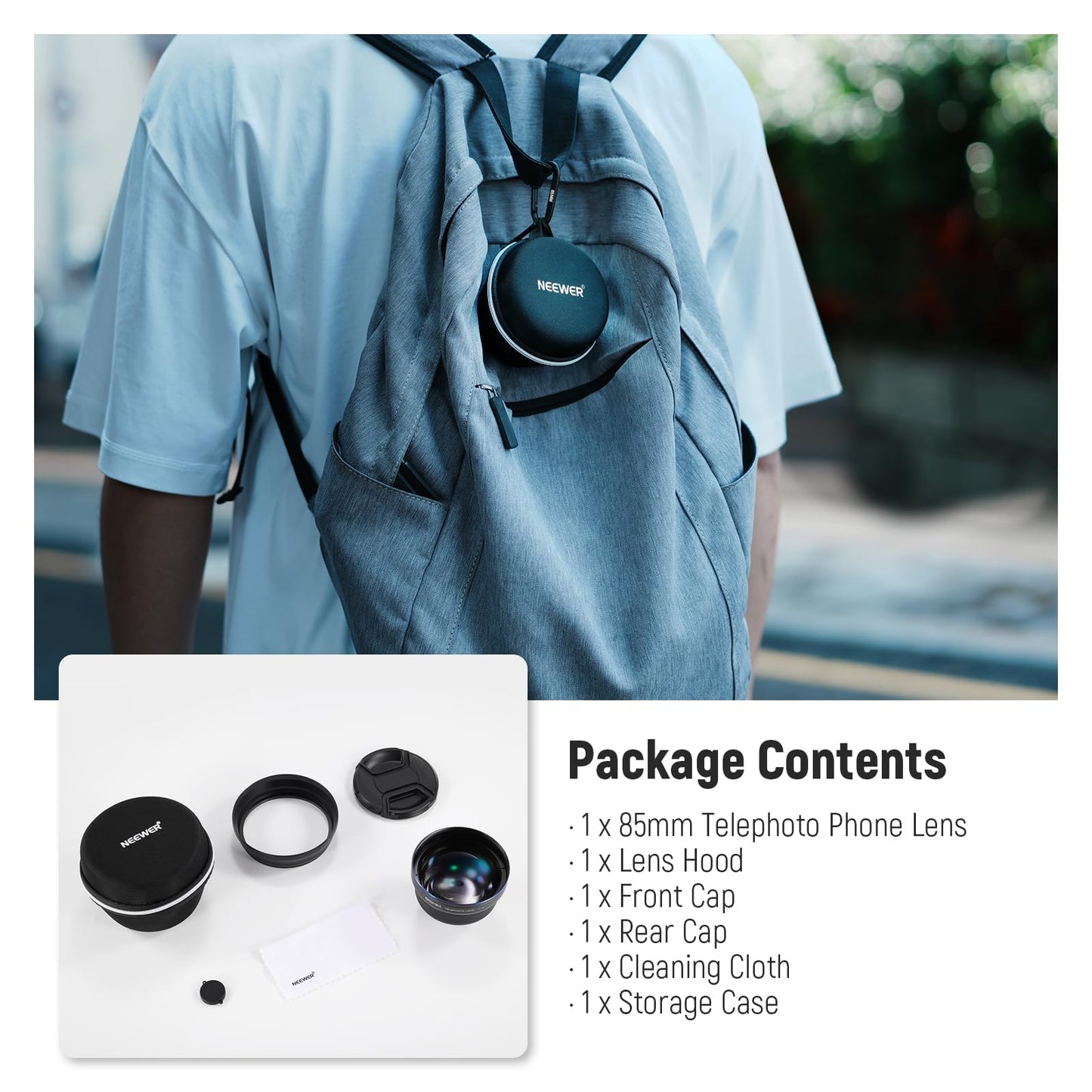 NEEWER HD 85mm Telephoto Phone Lens Only for 17mm Thread Backplate, 2.5X Magnification Compatible with SmallRig Phone Cage NEEWER Case for iPhone Samsung with 17mm Lens Adapter & Lens Hood, LS-59