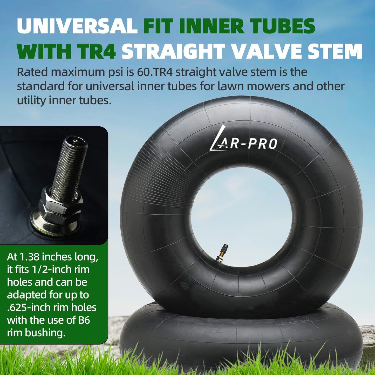 (2 Pack) AR-PRO 20x8.00-8" to 20x10.00-8" Replacement Inner Tubes - Universal Fit Inner Tubes with TR4 Straight Valve Stem Compatible with Lawn Mowers, Tractors, Golf Carts, and Garden Trailers
