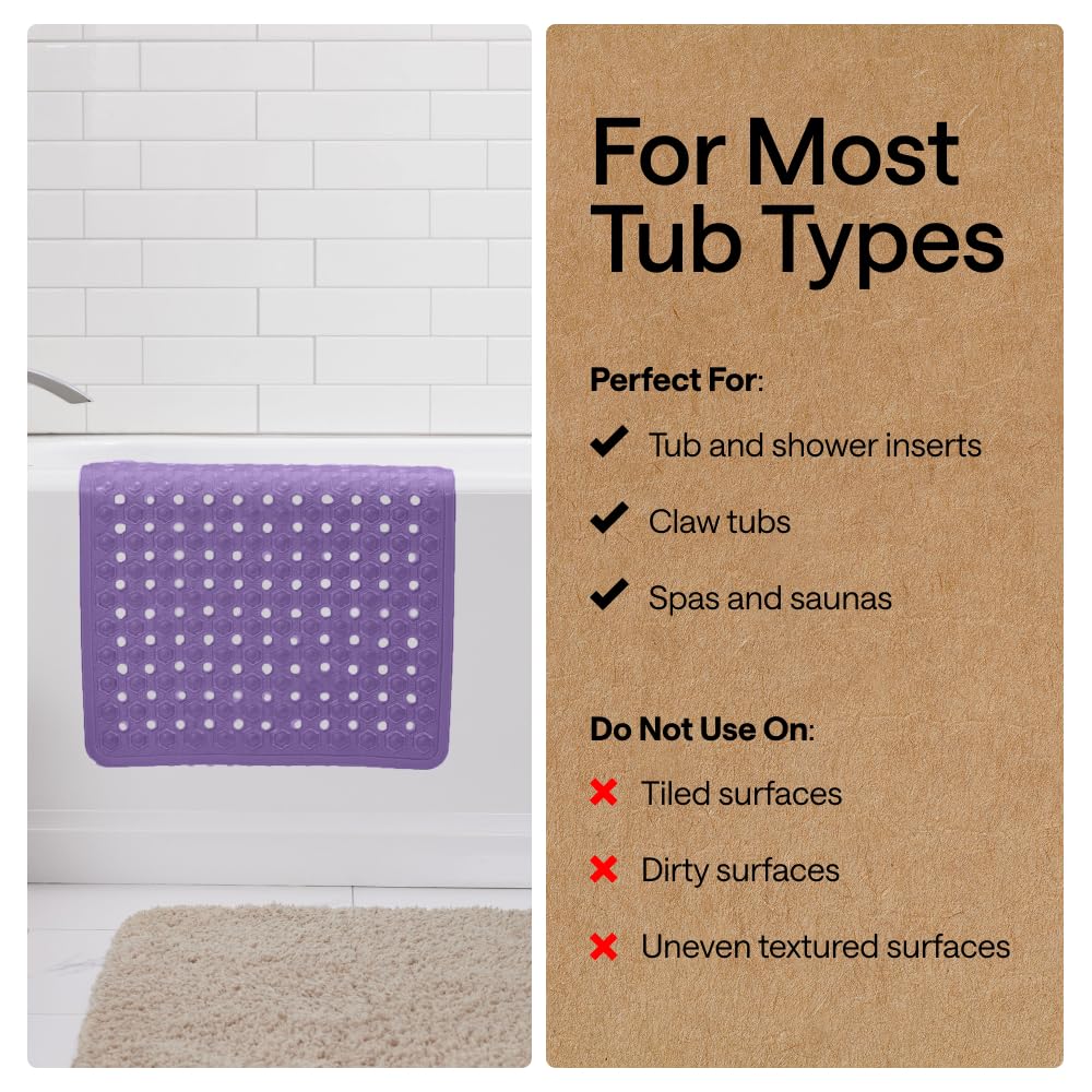 GORILLA GRIP Bath Tub Shower Mat, Machine Washable Bathtub Floor Liner Mats, Suction Cups and Drain Holes to Keep Tubs Clean, Soft on Feet, Bathroom Essentials, 89x41 cm, Purple Opaque