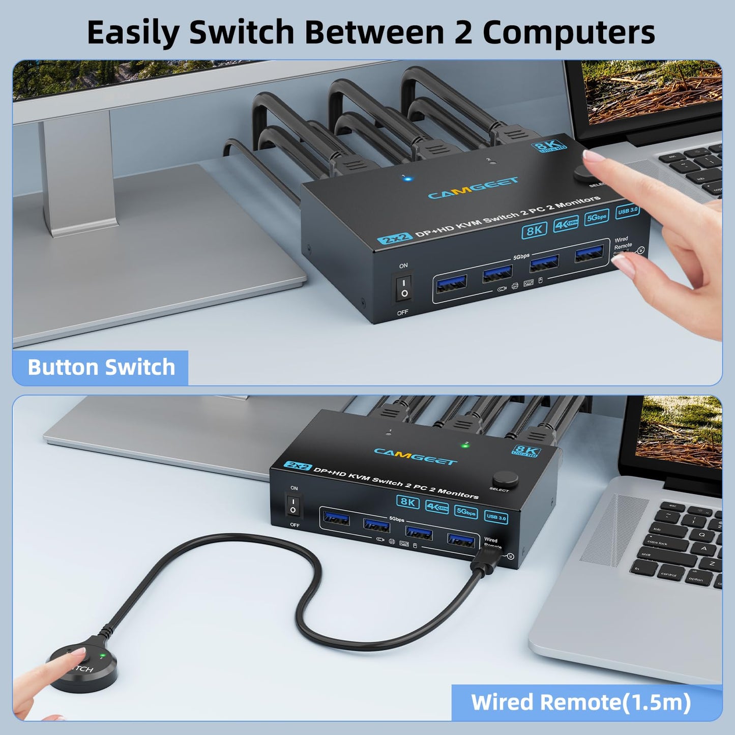 4K@144Hz KVM Switch 2 Monitors 2 Computers 8K@60Hz,Camgeet HDMI and Displayport Dual Monitor KVM Switch with 4 USB 3.0 Port for Keyboard Mouse Printer,Wired Remote,Power Adapter and USB Cable Included