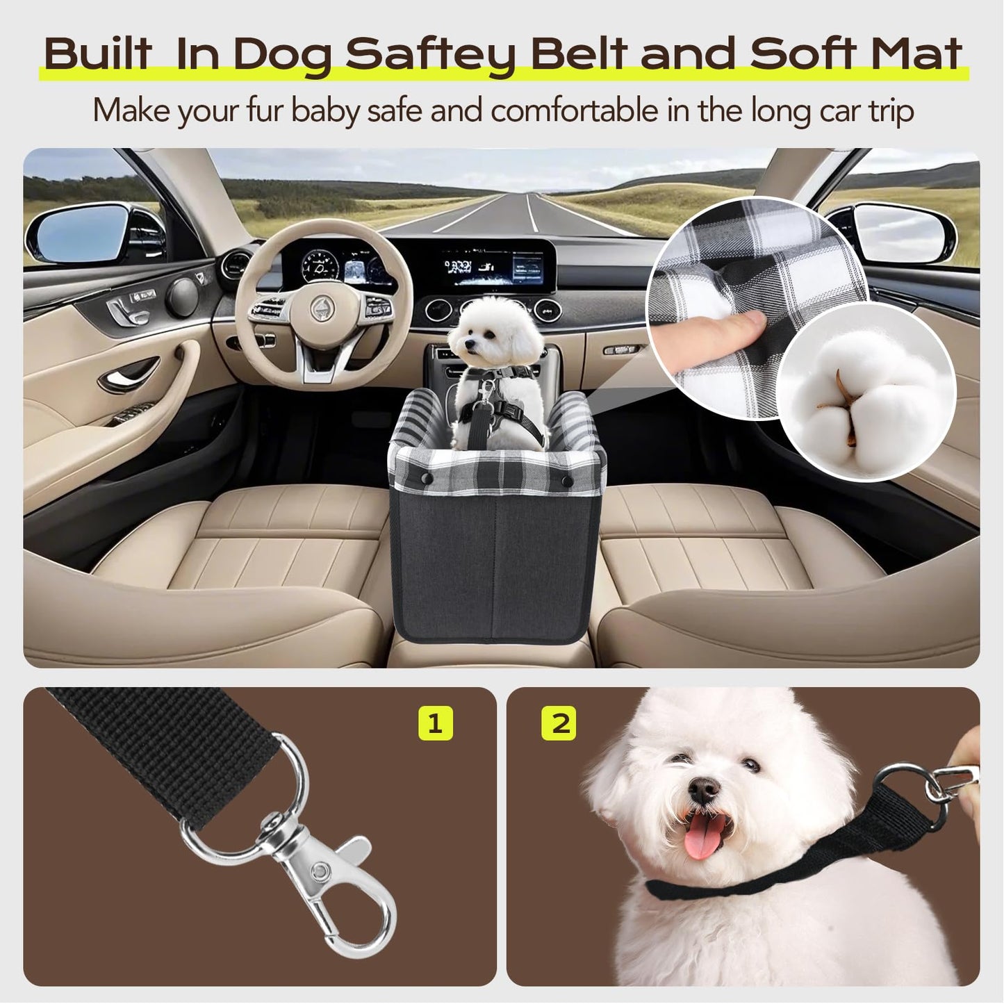 Center Console Dog Car Seat, Detachable and Washable Inner Lining Dog Car Seat Anti-Collapse Small Dog Pet Car Seat with Safety Belt Up to 11lbs(Black)