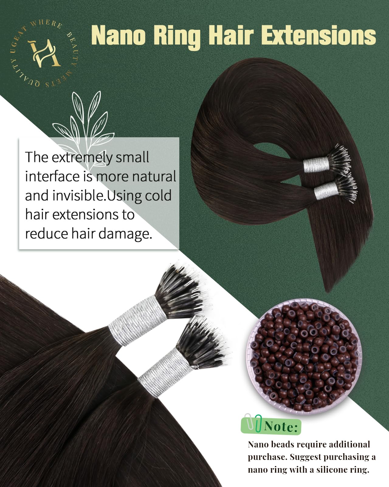 Ugeat Brown Nano Beads Hair Extensions for Women 14 inch Short Cold Fusion Nano Hair Extensions Human Hair Darkest Brown for Short Add Volume 50G 50S