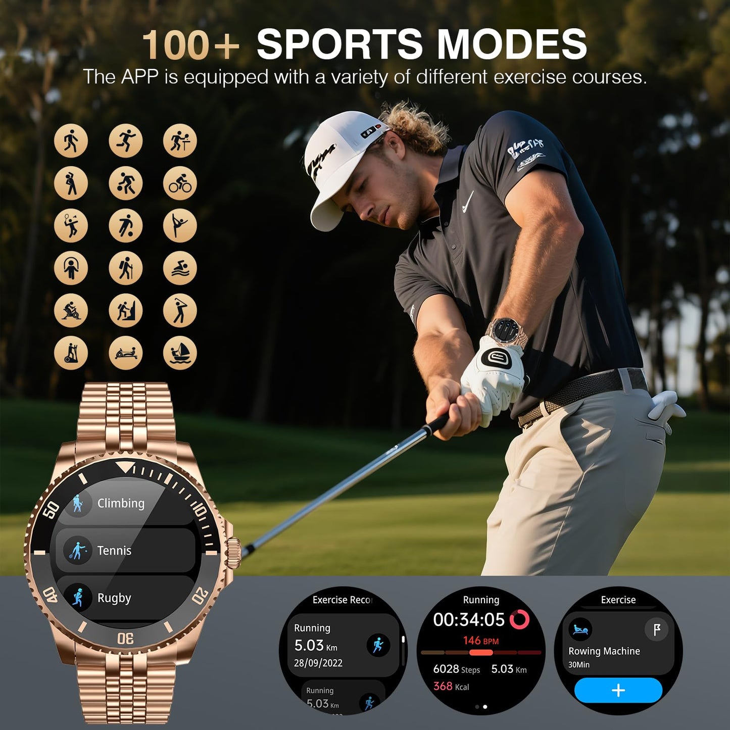 2025 DA GPT Smart Watch, Deep Search, Heart Rate, Stress, Blood Oxygen, Sleep Monitor, 107 Sports Modes, Waterproof Round Watch, 1.19-inch AMOLED Display, Compatible Android and iOS Gold Metal