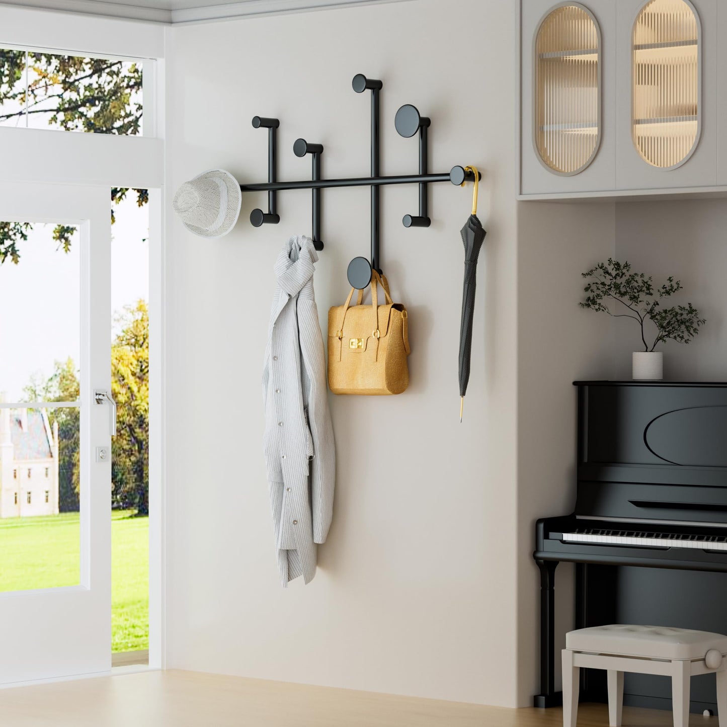 CeleVista Coat Rack Wall Mount, 10 Hooks Metal Wall Hooks for Hanging Coats, Modern Decorative Coat Hook Rack for Hat, Entryway, Minimalist Space Saver(Black)