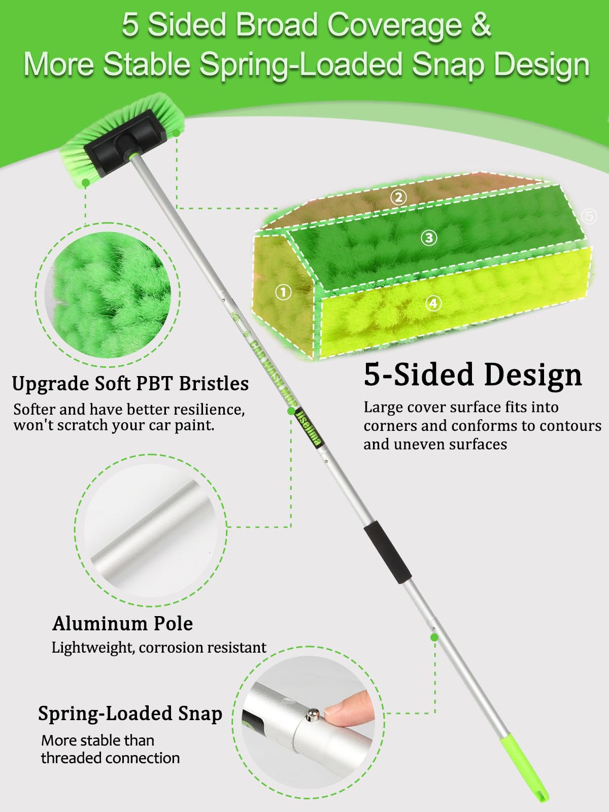 Five-Sided PBT Car Wash Brush 60” 151cm with Extendable Long Handle Soft Bristle Scrub Detail Brush for Exterior Interior Car SUV Truck Caravan Boat Tyres Solar Panel House Siding Cleaning Sweep Snow