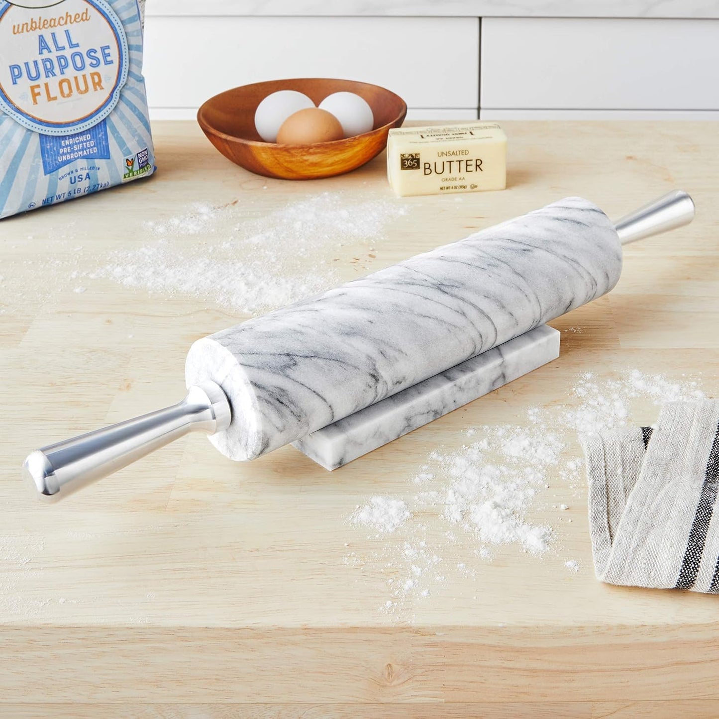 Fox Run Marble Rolling Pin and Base, White with Aluminum Handles