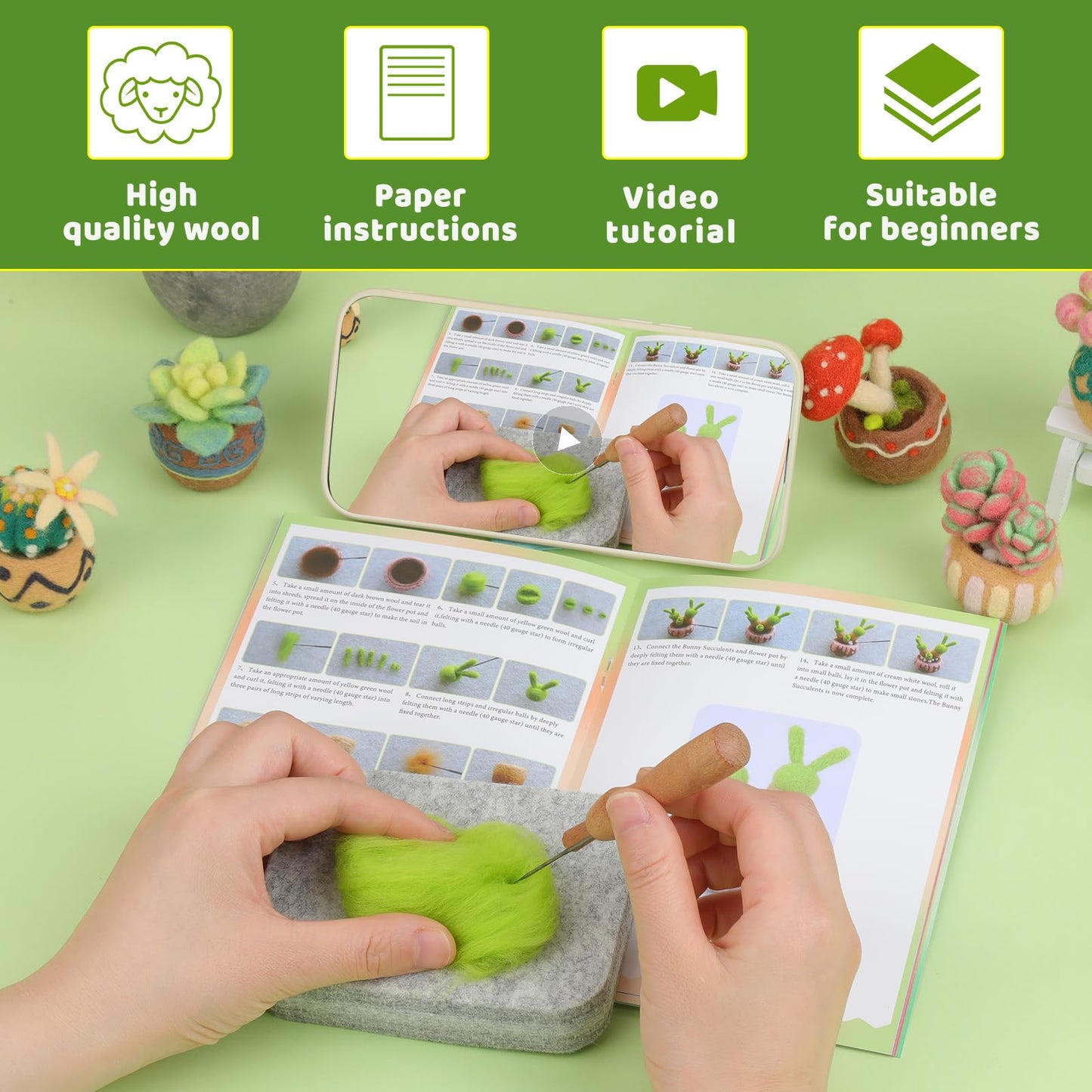 Yizzvb Needle Felting Kit, 9 PCS Succulent Felting Kit for Beginners Adult, Wool Felting Kit with Wool, Needles and Mat for DIY Craft