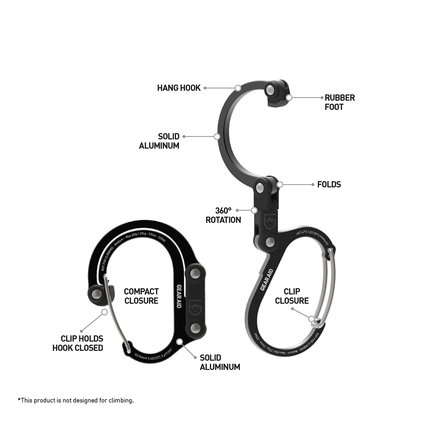 GEAR AID HEROCLIP Carabiner Gear Clip and Hook (Medium) for Camping, Backpack, and Garage Organization, Black and Gray, 2 Pack