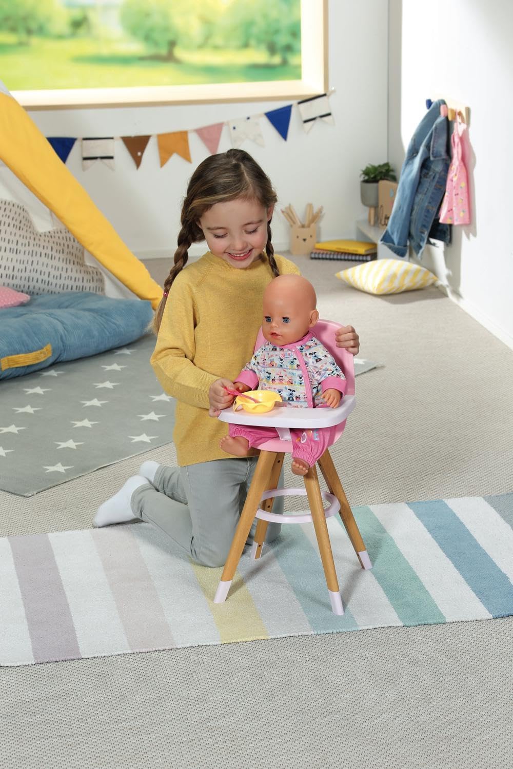 Baby Born High Chair – Doll Feeding Chair with Scandinavian Design – Wood-Look Legs & Pink Seat – Fits Baby Born & Other Dolls – Ages 3+