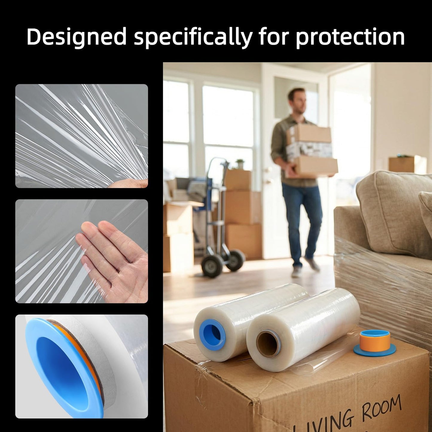 ROSEUP Stretch Wrap Film with Handles 12" x 1000ft, 80 Gauge Heavy Duty Pallet Wrap, Industrial Stretch Film for Moving, Packing & Shipping, 2 Pack