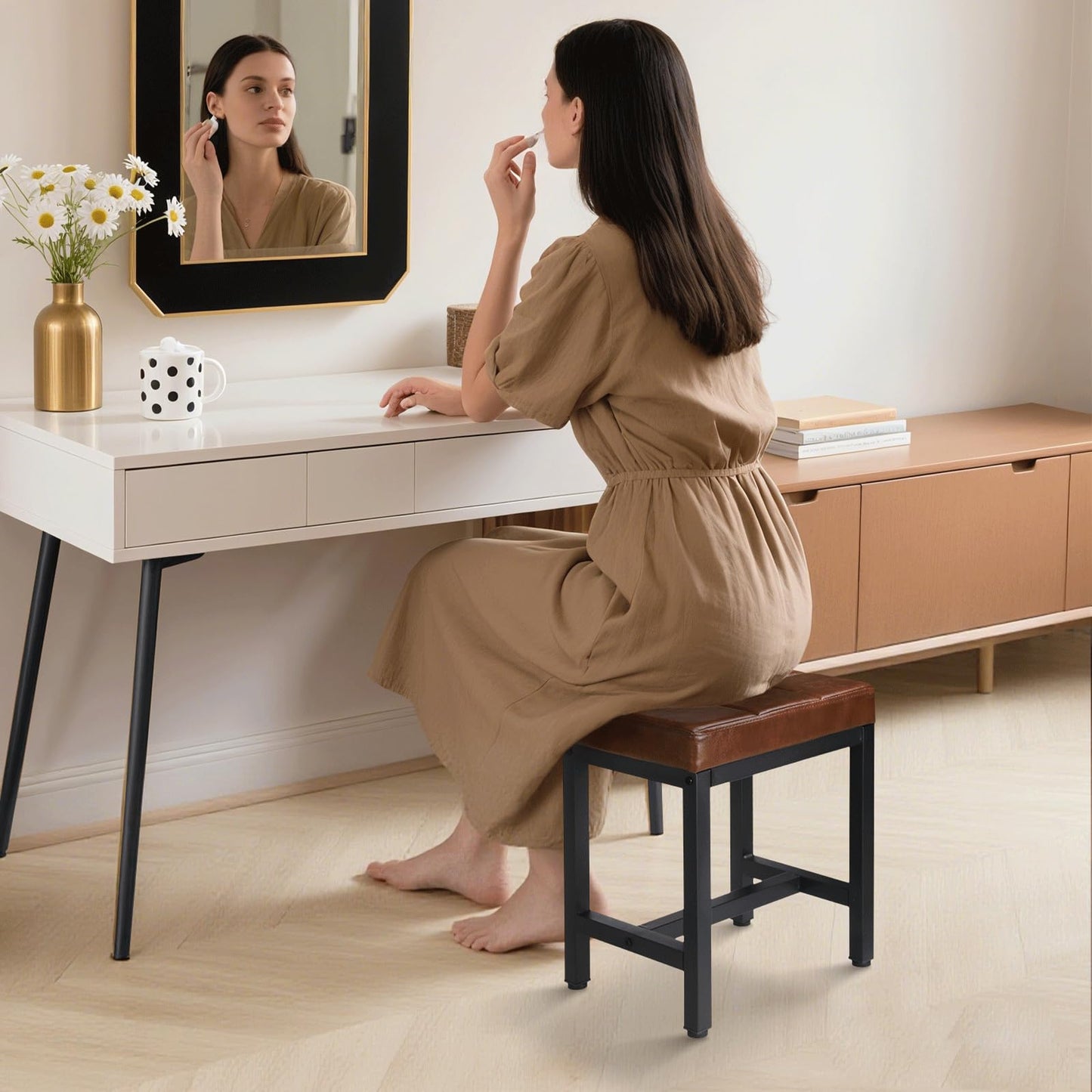 FLYZC Vanity Stool, Vanity Chair for Makeup Room, Square Faux Leather Small Ottoman Foot Stool with Metal Legs, Modern Makeup Chair for Bedroom, Living Room, Brown