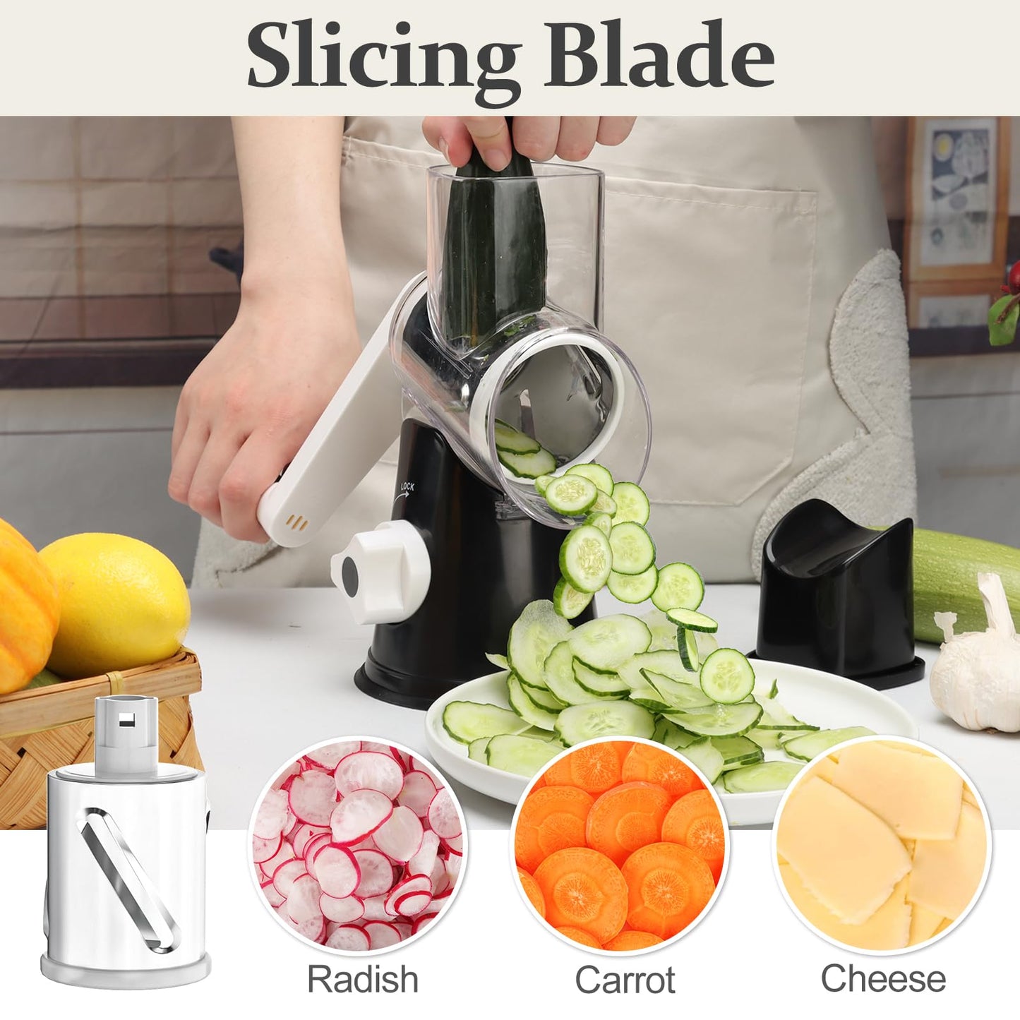 Cambom Rotary Cheese Grater Hand Crank Cheese Shredder for Fresh Cheese, Vegetable, Nuts,Non-Slip Suction Base, Five Blades, Black