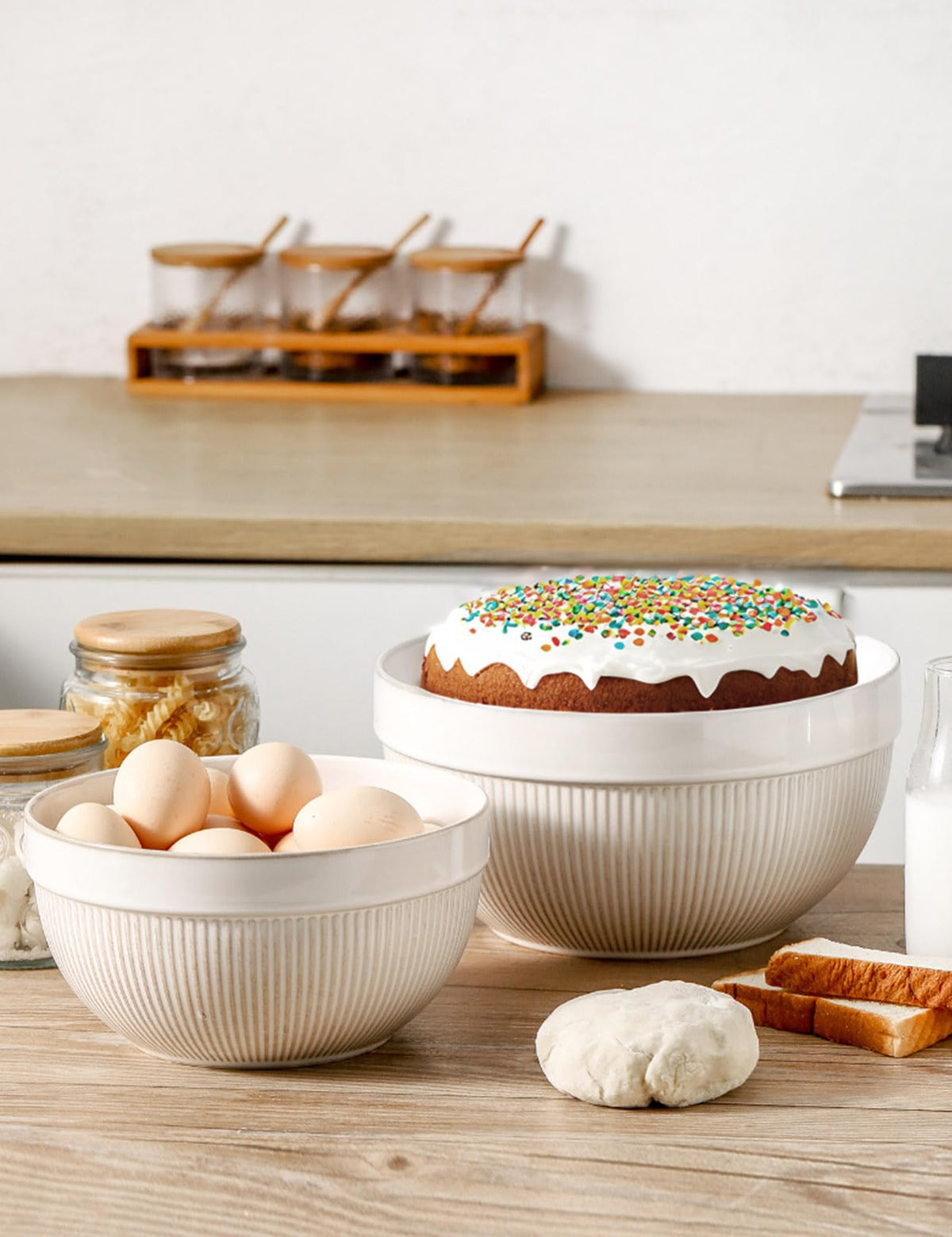 TEAKISS Ceramic Large Glazed White Stripe Mixing Bowls for Kitchen, Set of 2 Big Serving Bowls for Cooking, Popcorn, Salad, Soup, Baking, Dough Bread Making Bowl, 10 inch + 8 inch