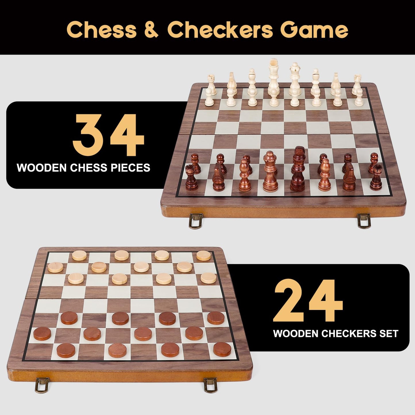 Wooden Magnetic Chess Board Set, 15 inch 2 in 1 Portable Folding Checkers Chess Set with 2 Extra Queen and Carry Bag Handmade Large Chess Game