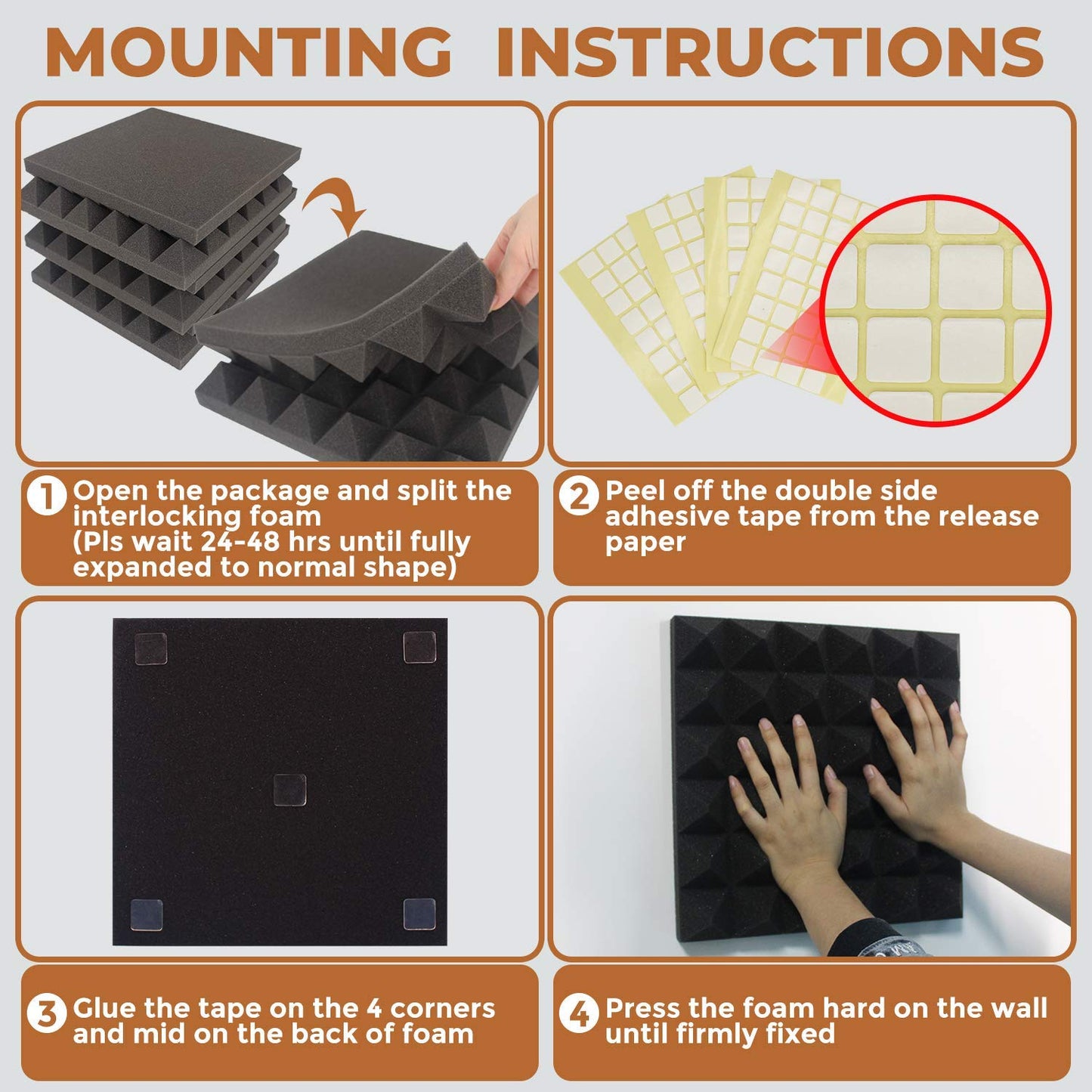 24 Pack-12 x 12 x 2 Inches Pyramid Designed Acoustic Foam Panels, High Density Black Acoustic Panels for Wall and Ceiling, Fire Proof Studio Foam with Double Side Adhesive Tape Included