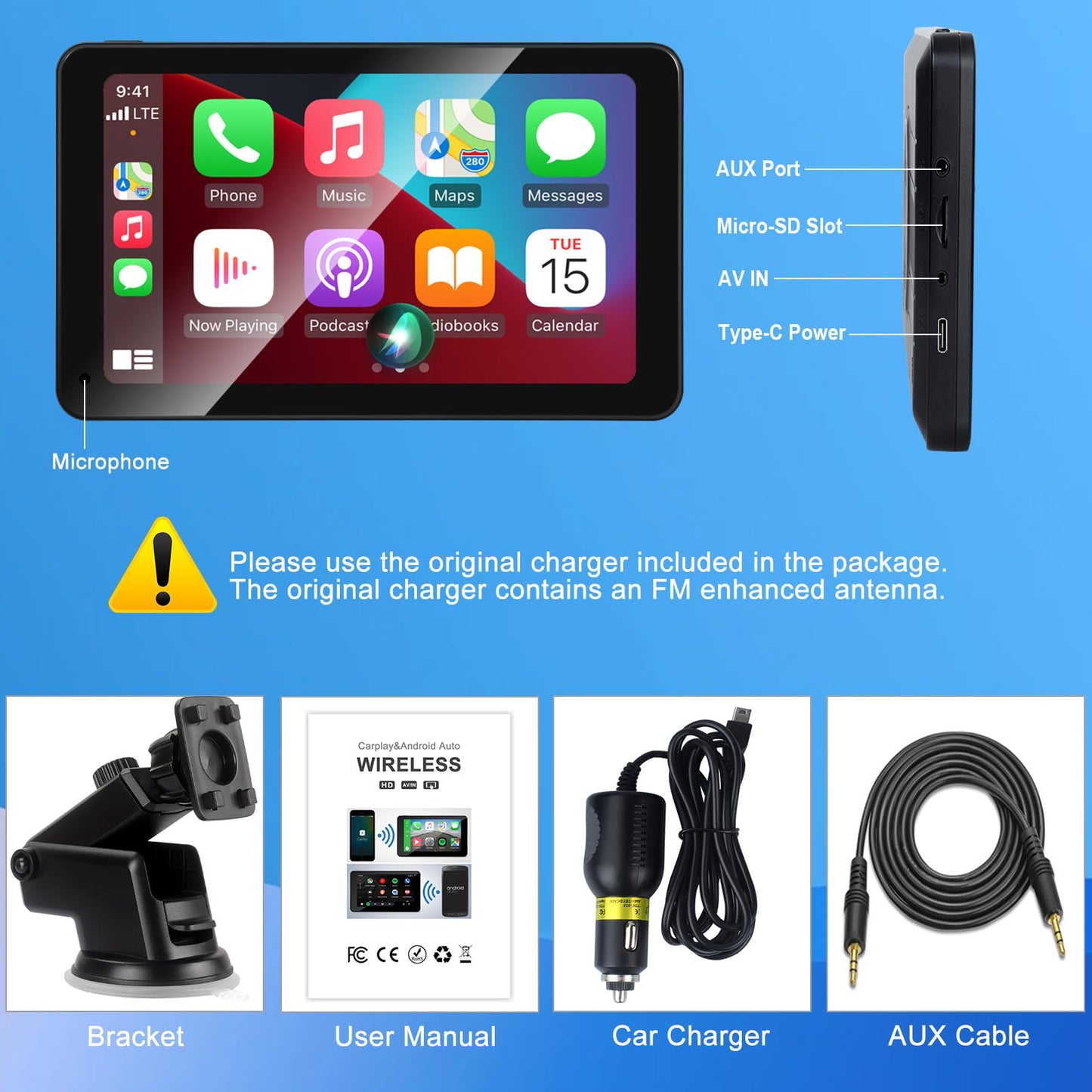 Wireless CarPlay Android Auto Screen for Car, 7" HD Touch Screen Stereo Portable Car Navigation Vedio Music Player Bluetooth Mirror Link, AirPlay, Voice Control, AUX