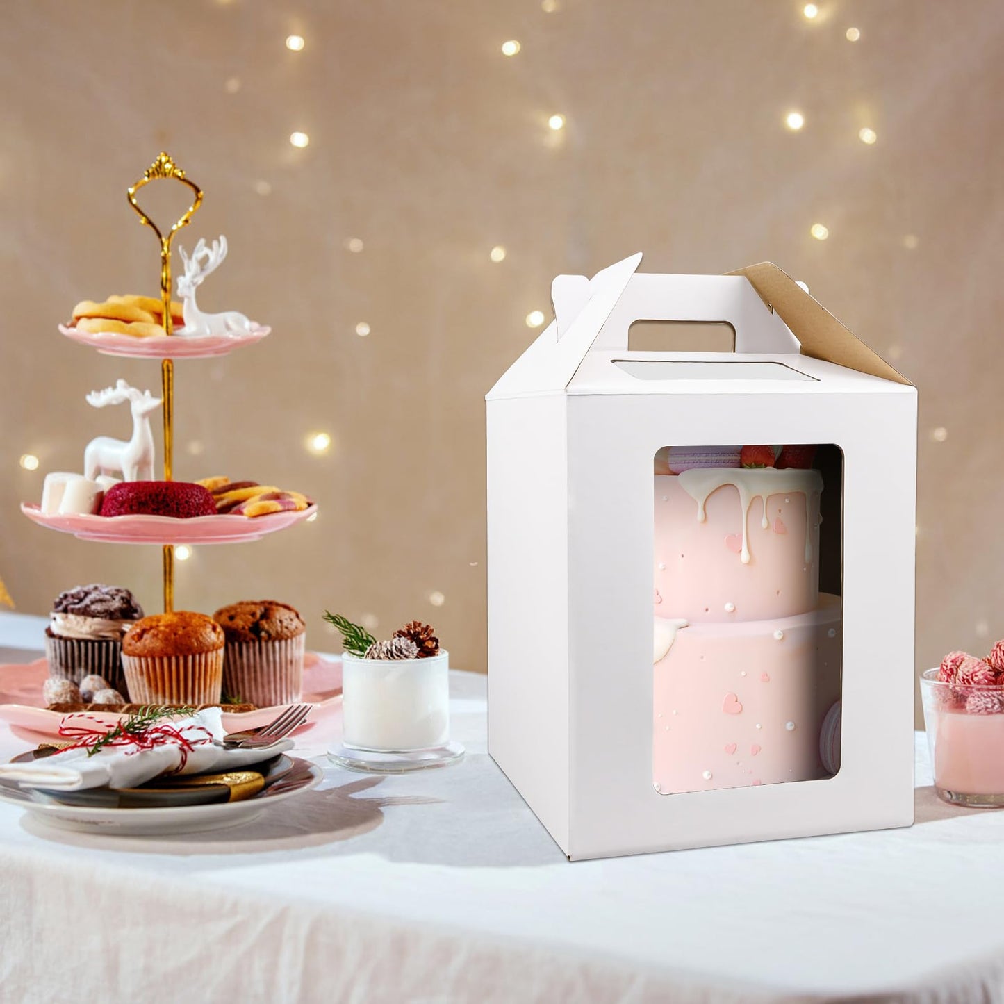 4 Pack Tall Cake Boxes with Windows, Large Tiered Cake Boxes 2 Sizes 10x10x12 & 12x12x14 Inch Tier Cake Carrier with 4 Cake Boards, Disposable Cake Containers (PACK 4)