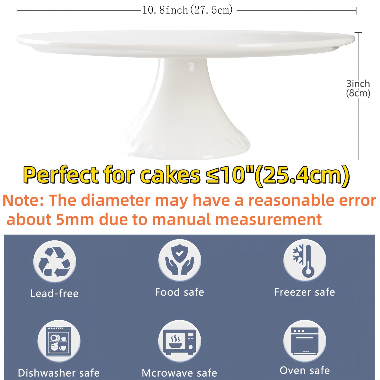BPFY Ceramic White Cake Stand for Snacks and Cookies (Holds 10-Inch Cake), Round Cake Plate Stand for Wedding, Baby Shower, Birthday Party Decor