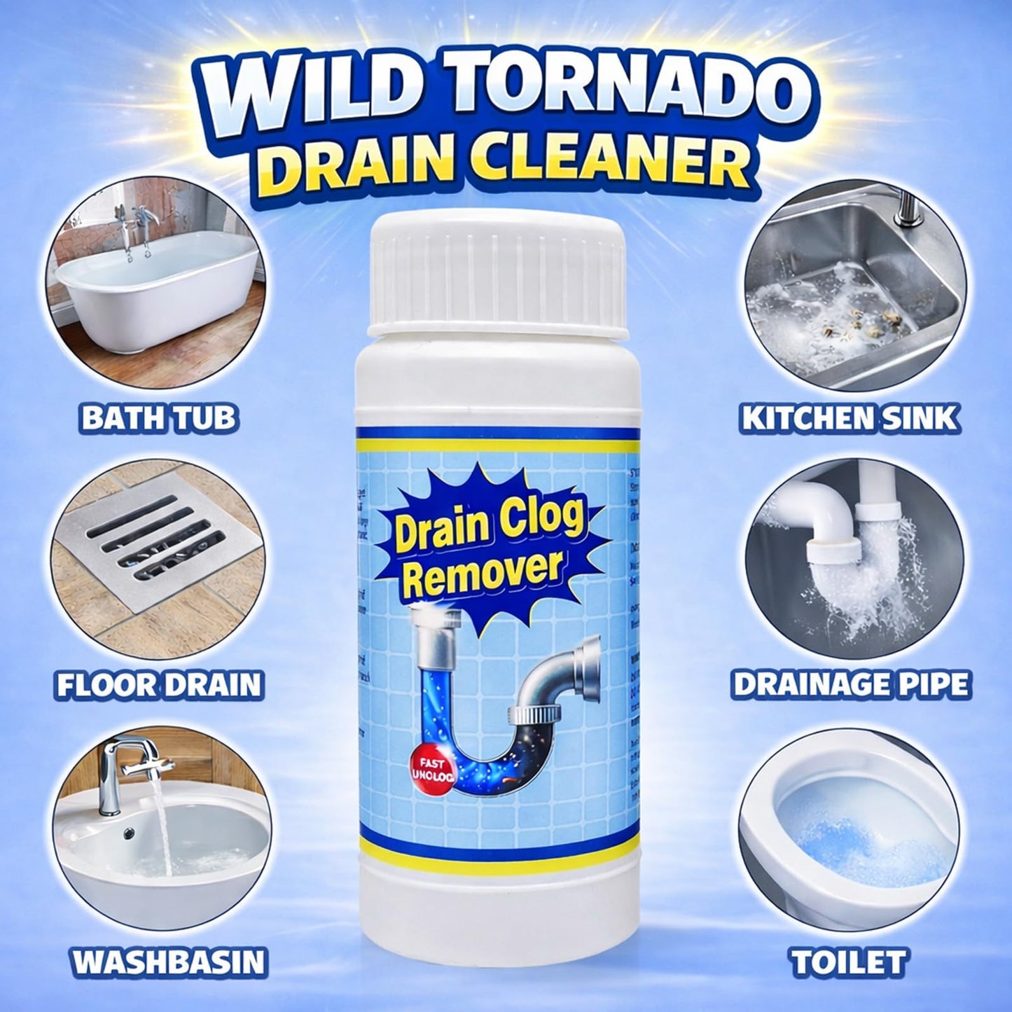 Sink and Drain Cleaner Powder Kit: Fast-Acting Clogged Pipe Opener for Kitchen Bathroom Pipes and Floor Drains - Drain Clog Remover for Routine Home Plumbing Maintenance (440 g)