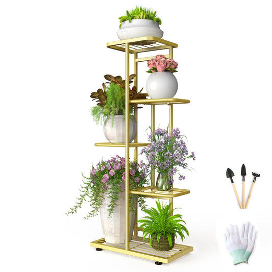 5 Tier 6 Potted Gold Plant Stand Indoor Outdoor, Upgraded Corner Metal Plant Rack Units Shelf for Multiple Plants, Flower Pot Holder Display for Patio, Balcony, Living Room