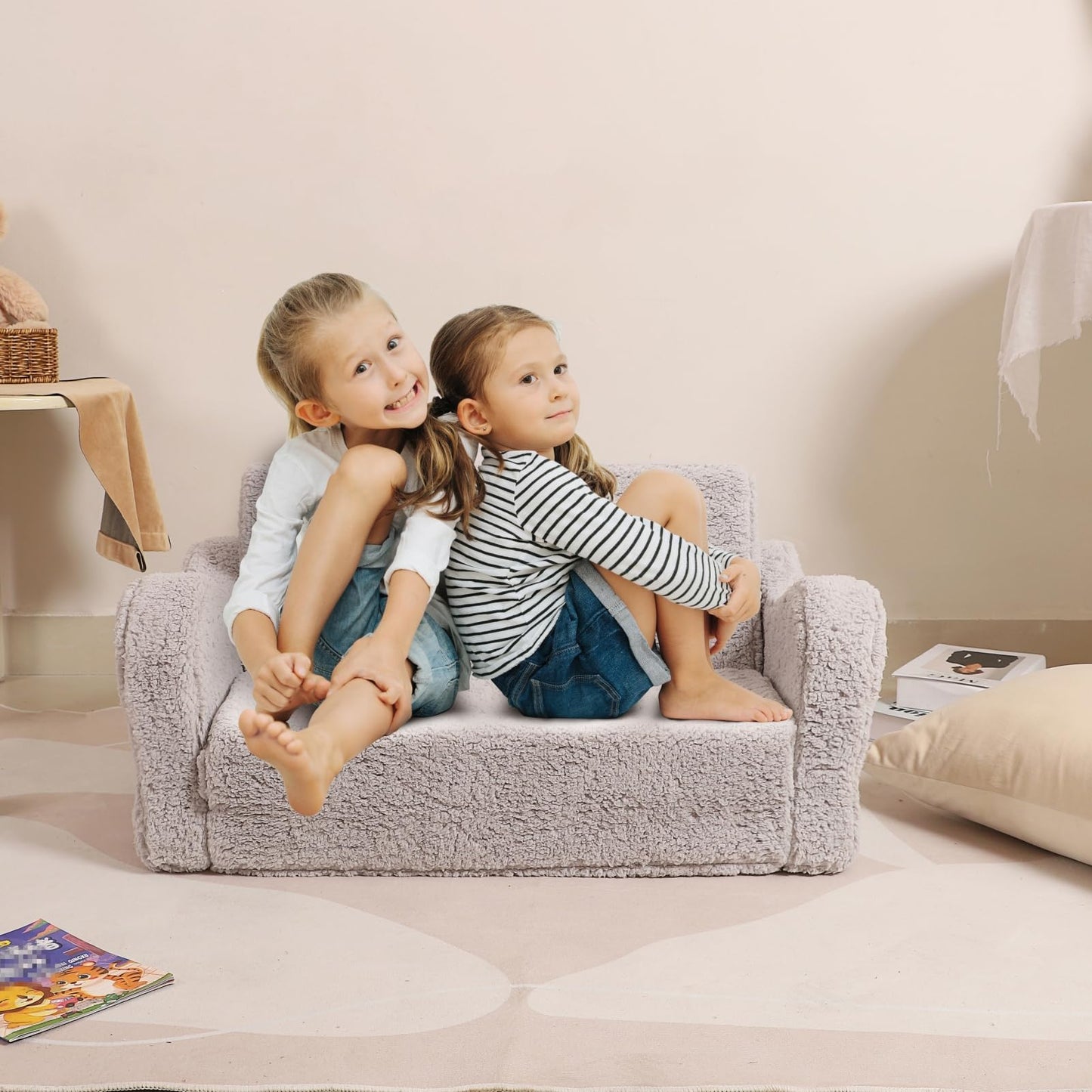 MOMCAYWEX Kids Sofa, 2-in-1 Flip-Out Foam Couch with Soft Sherpa Cover, Cozy Play Lounge Chair, Grey, Large