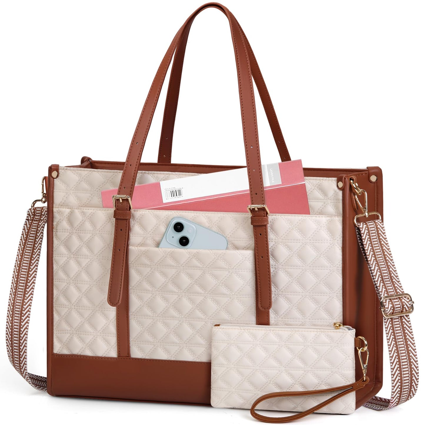 IGOLUMON Laptop Bags for Women Vegan Leather Laptop Bag 15.6 Inch Quilted Work Tote Bag Womens Laptop Briefcase for Business Travel Office Teacher Designer Computer Bag with Purse Beige & Brown