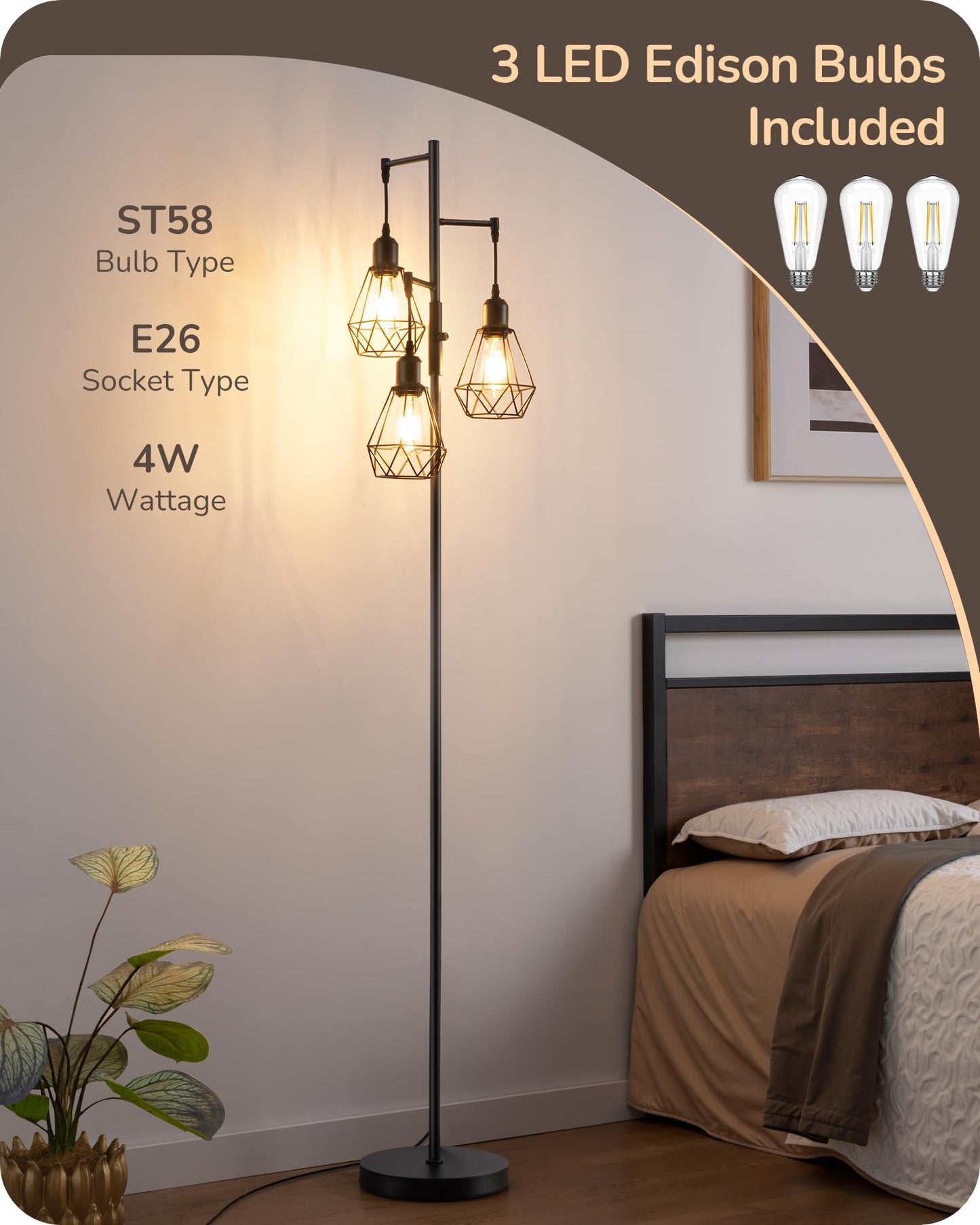 EDISHINE 70IN Farmhouse Floor Lamps for Living Room, Dimmable Industrial Tall Standing Lamps 3 LED Edison Bulbs Included, Diamond-Shaped Cage, Rustic Tree Corner Light for Bedroom, Office, Black
