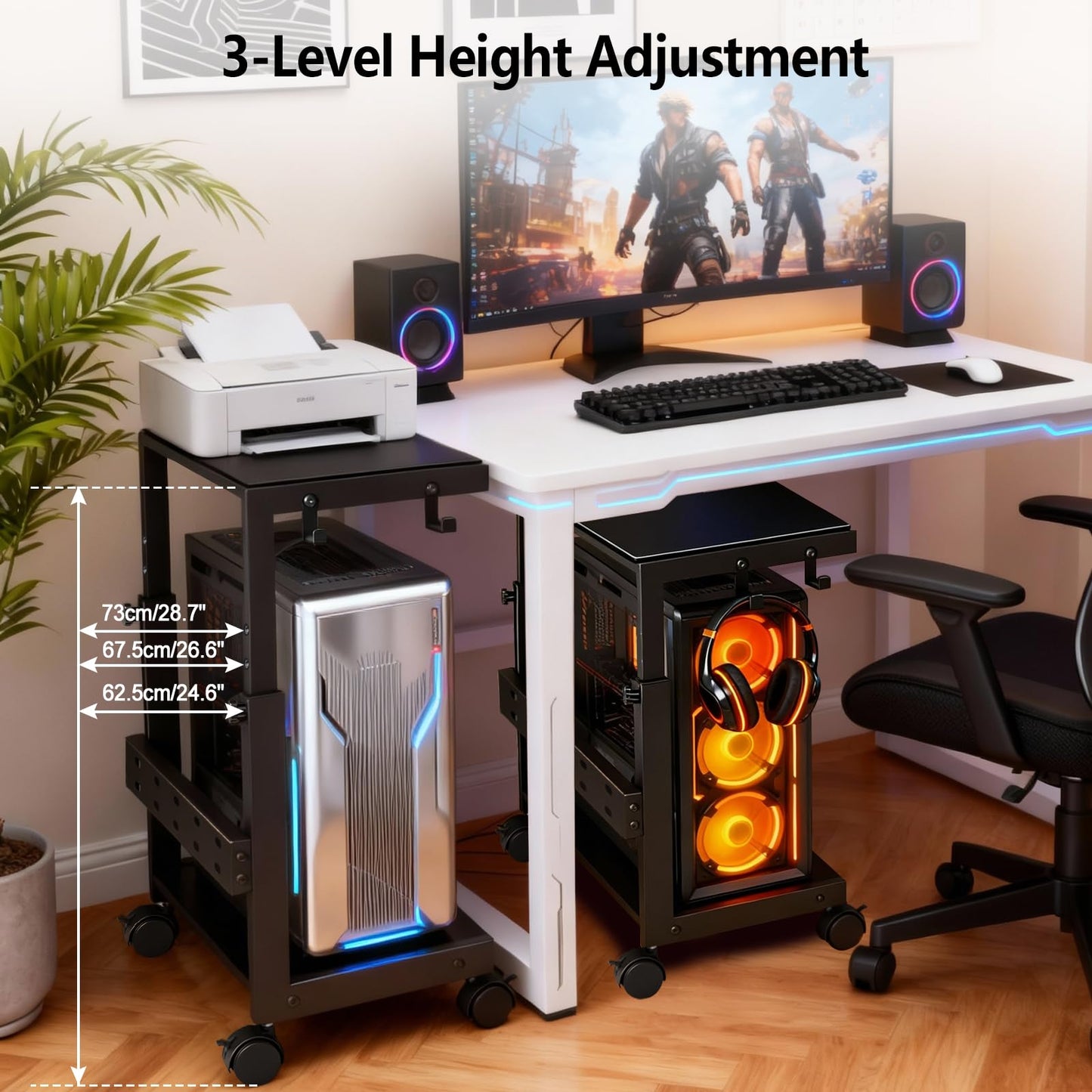 SWOK Adjustable Computer Tower Stand for Gaming & Office, CPU Stand with Mobile Wheels & Mouse Pad, Desktop Computer Stand for Floor, 24.6-28.7 Inches Tall, Computer Carts