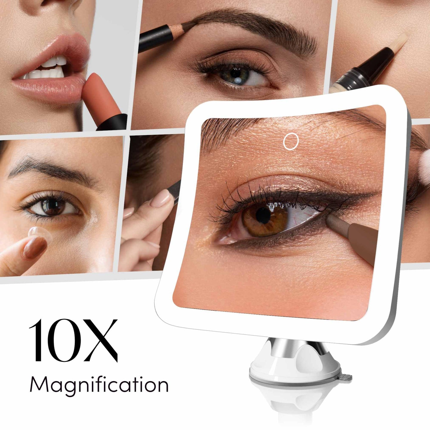 Fancii Rechargeable 10x Magnifying Mirror with 3 LED Light Settings, Dimmable Touch Light, Cordless, Locking Suction Mount, Lighted Mirror for Bathroom or Travel (Mira 2)