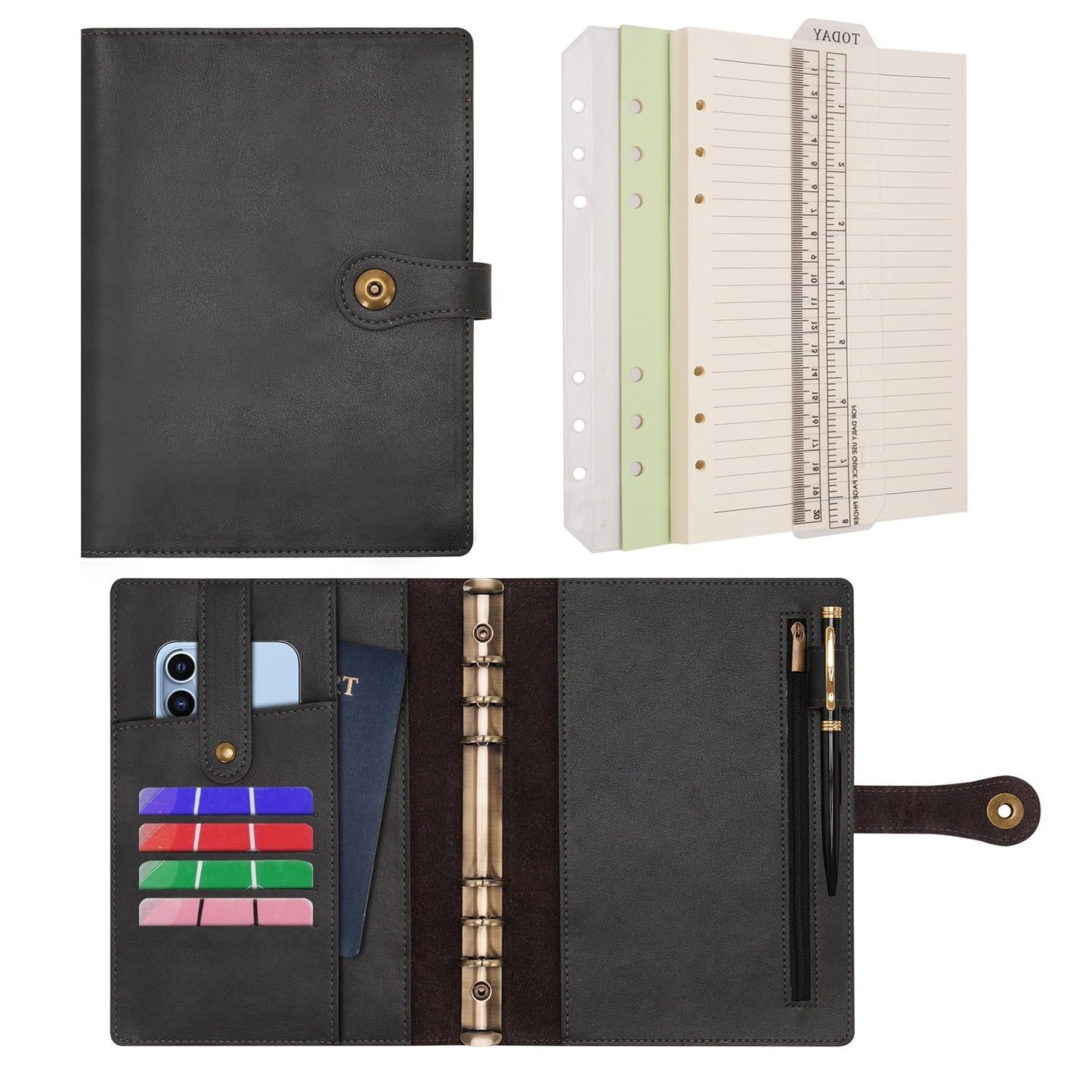Wonderpool Binder Journal Leather Spiral Notebook Refillable College Ruled Paper, Budget Binder Rings Diary Organizer with Pen for Office School Travel Business Planning Writing (Black,A5)