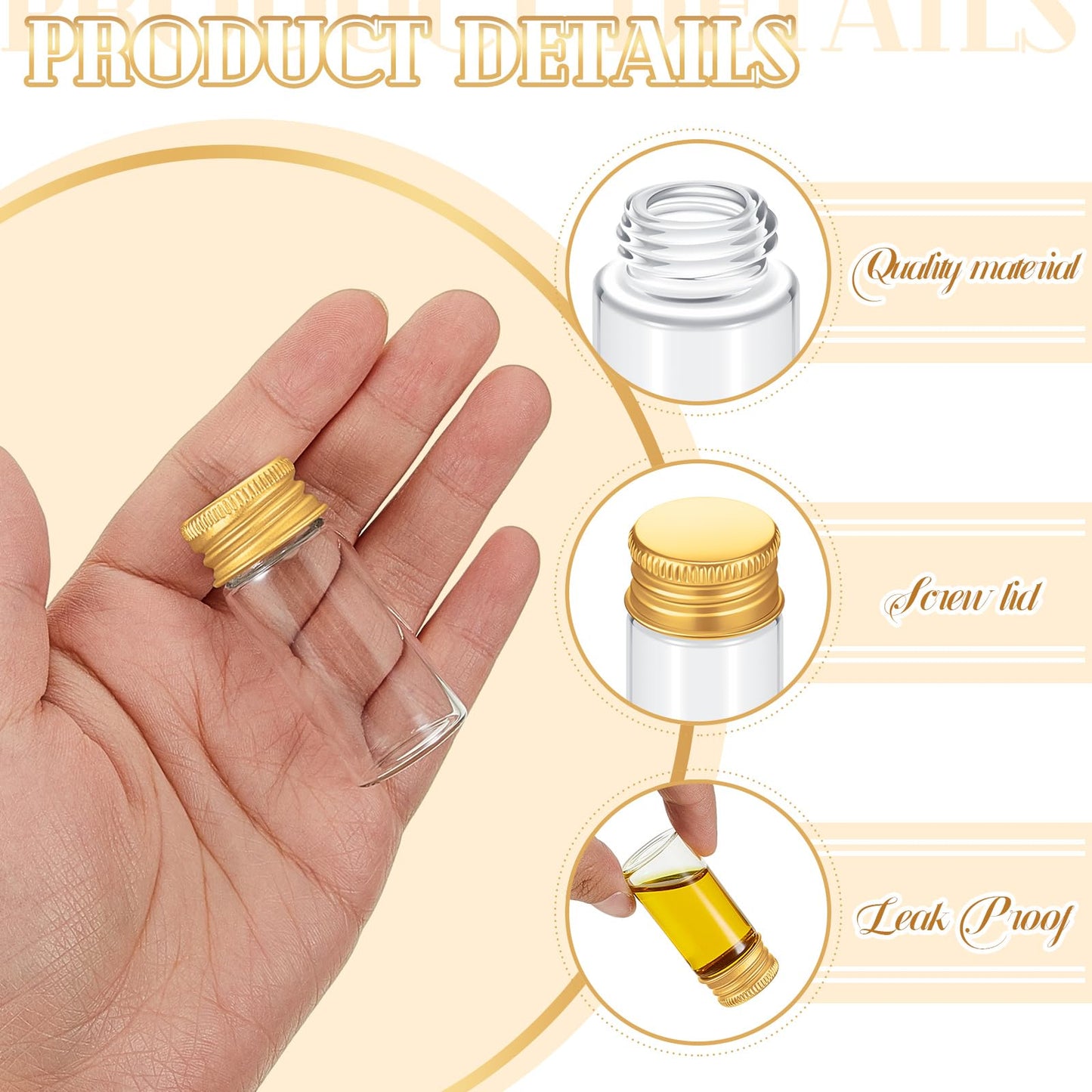 Didaey 100 Pcs Small Clear Vials Spice Mini Jars with Lids Mini Glass Bottles with Screw Aluminum Metal Caps Tiny Jars Sample Containers for Powder Cream Cosmetic Jewelry Wedding(10 ml,Gold Caps)