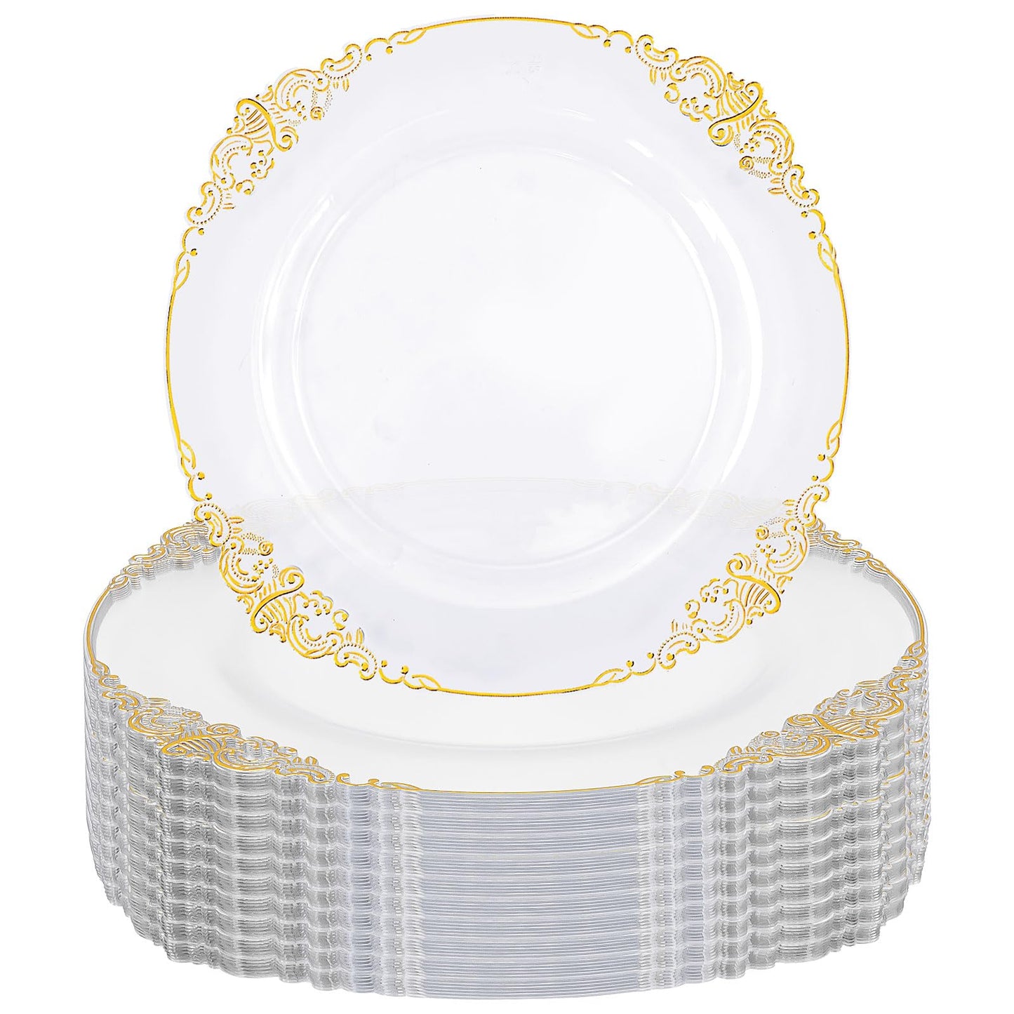 50 Pcs Plastic Plates Plastic Dinner Plates with Gold Rim 10.25 Inch Disposable Party Plates for Weddings Upscale Parties Thanksgiving Tableware (Transparent Gold)