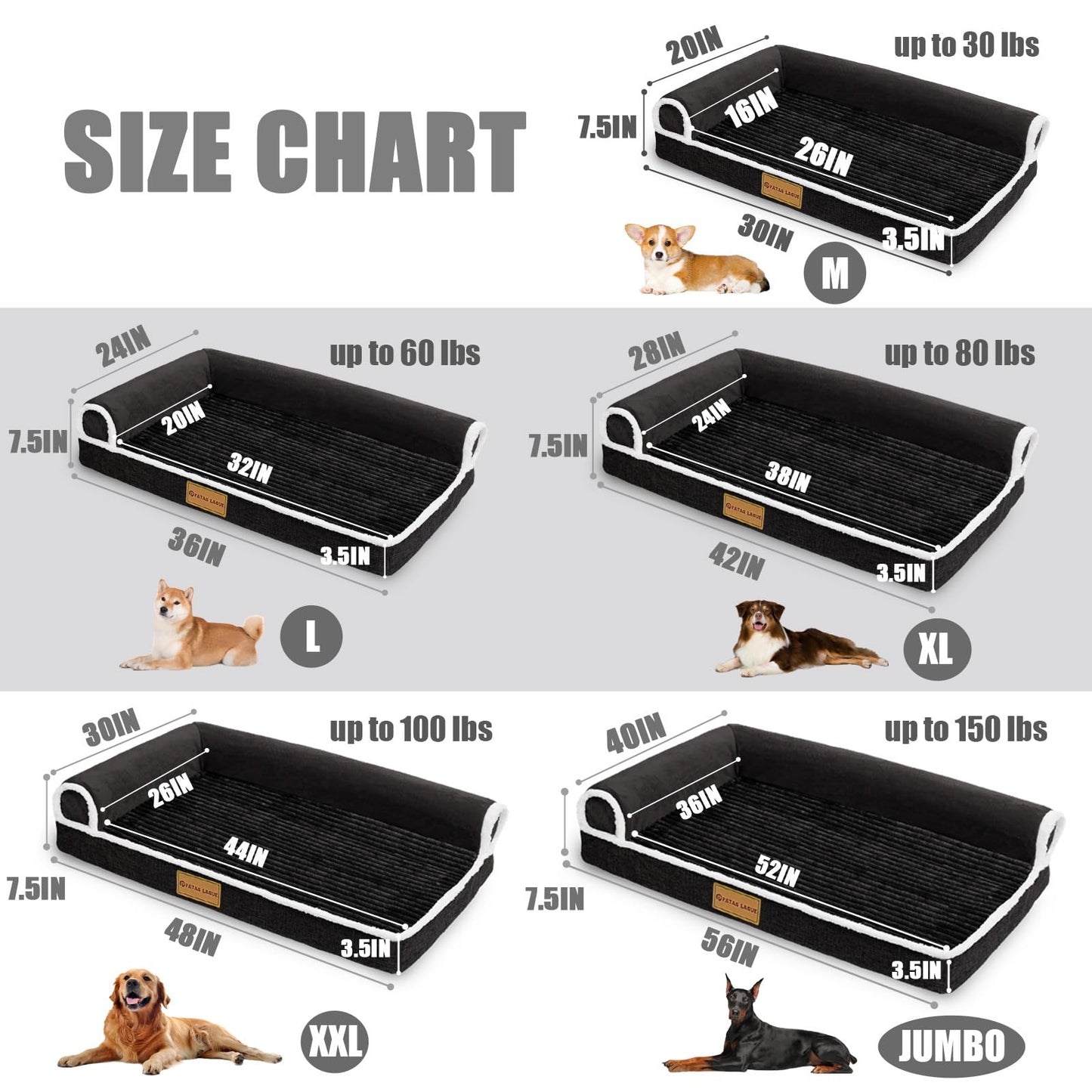 Patas Lague Orthopedic Dog Bed Large Sized Dog 91x61cm, Waterproof Comfortable L Bolster Medium Non-Slip Soft Warm Pet Crate Bed Sleep Sofa mat with Removable Washable Cover, Black