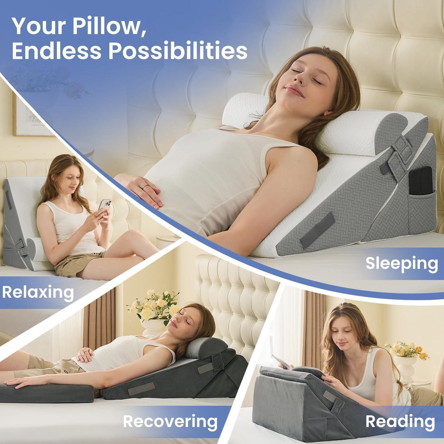 Sasttie Wedge Pillows for Adult, 3PCS Adjustable Bed Wedge Pillow for Post Surgery, Triangle Pillow Headboard with Bolster Cushion for Sleeping, Acid Reflux, Neck & Back Support, White and Dark Grey