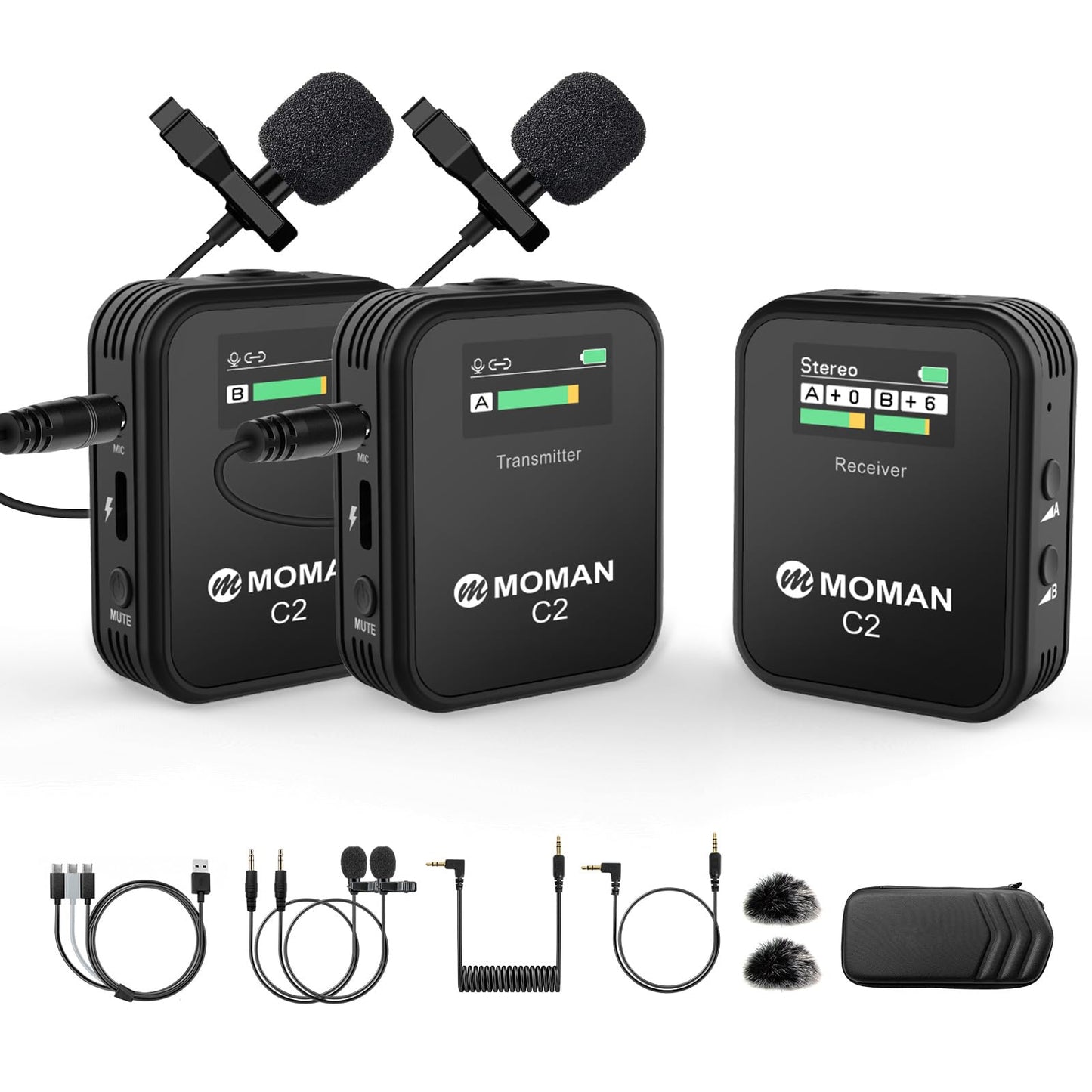 Wireless Lavalier Microphone, Moman C2X 2.4GHz Dual Pack Lapel Mic System Contact Charging with Noise Cancellation for Interview YouTube Online Class Vlog for DSLR Camera Tablet Camcorder