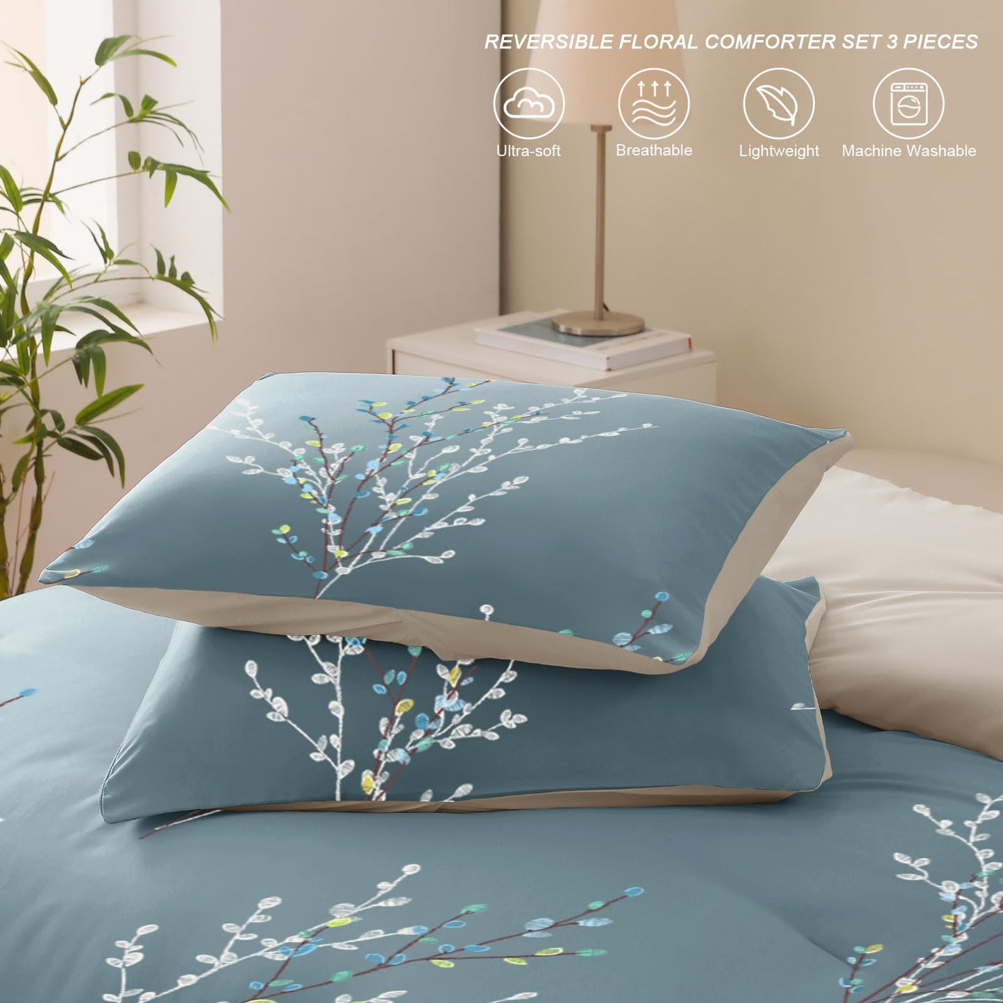 Exclusivo Mezcla 3-Piece King Size Comforter Set, Microfiber Bedding Down Alternative Comforter for All Seasons with 2 Pillow Shams, Floral Pattern, Blue