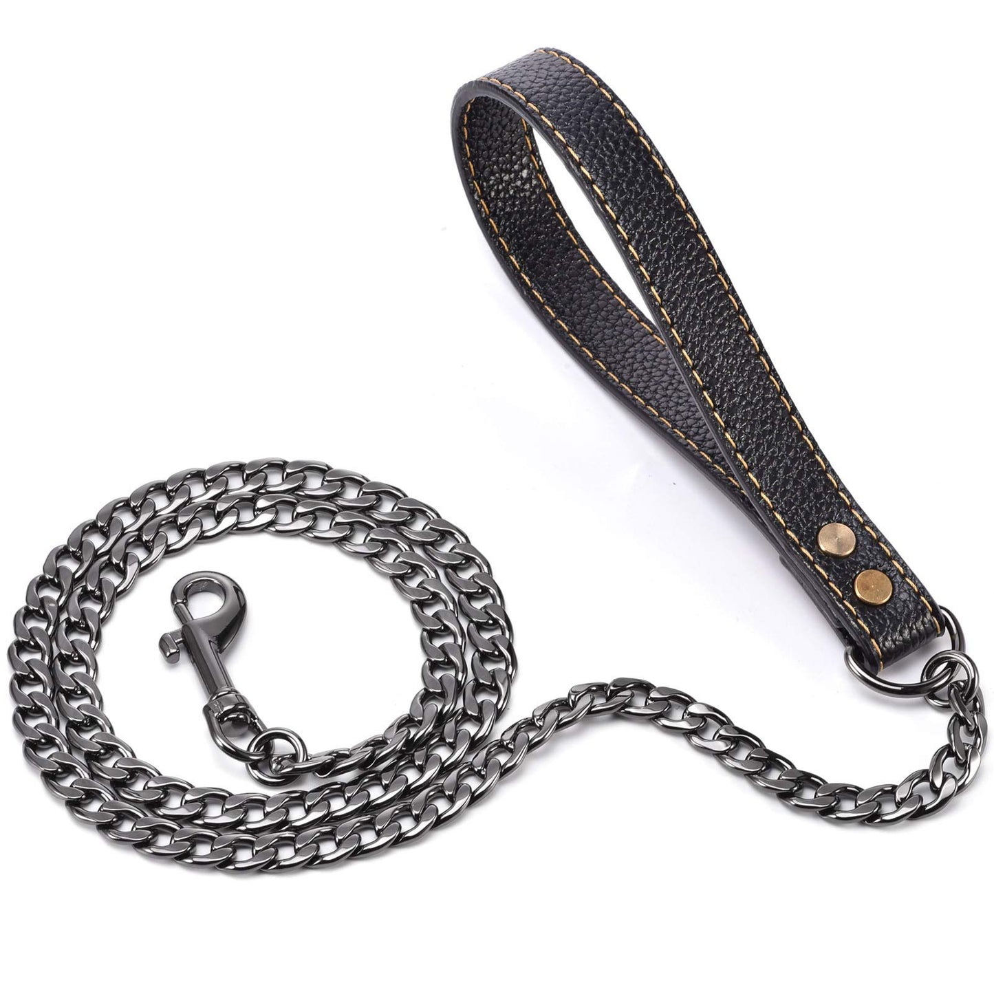 Fully Welded Black Steel Dog Leash with Leather Handle,Metal Dog Leash,4FT,316L Stainess Steel Strong Dog Pet Chain for Large Medium Small Dogs (4FT, Black)