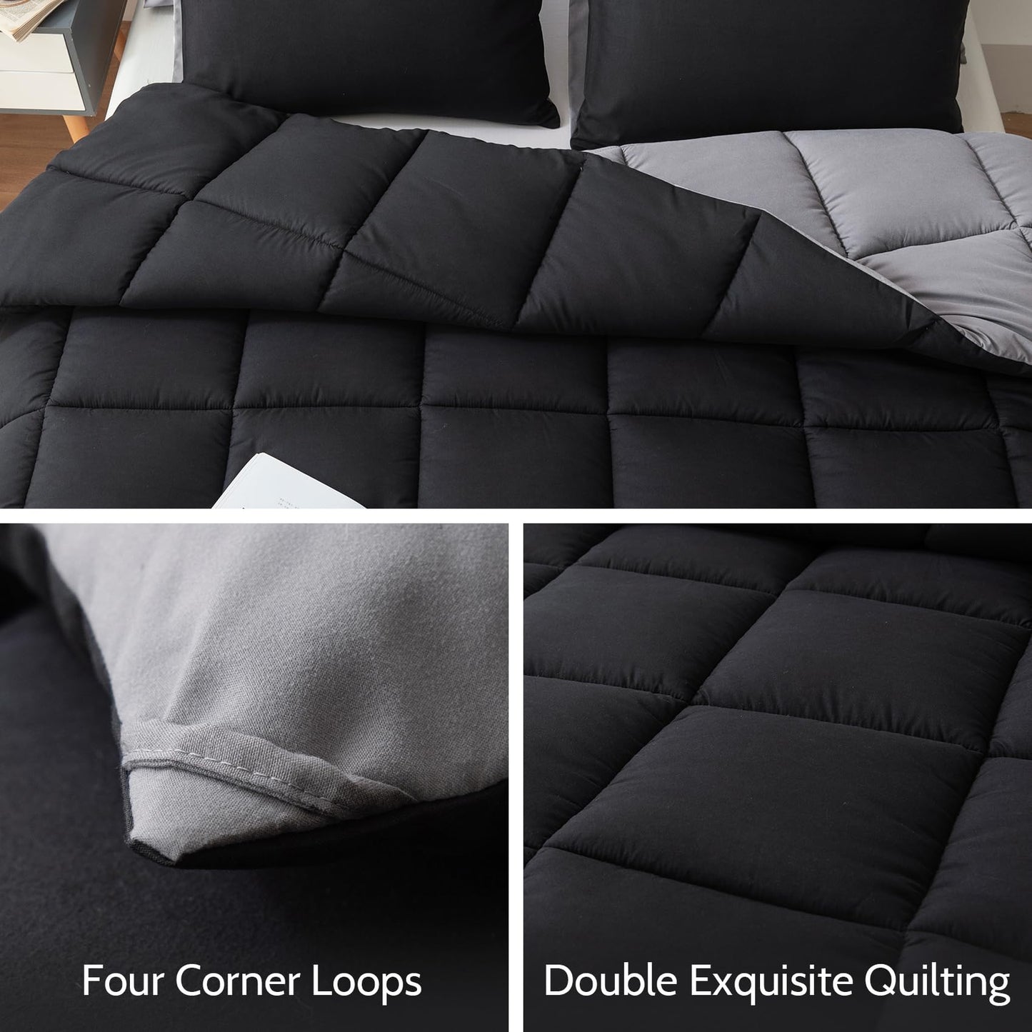 Decroom Lightweight King Comforter Set with 2 Pillow Sham - 3 Pieces Set - Quilted Down Alternative Comforter/Duvet Insert for All Season - Black/Grey - King Size