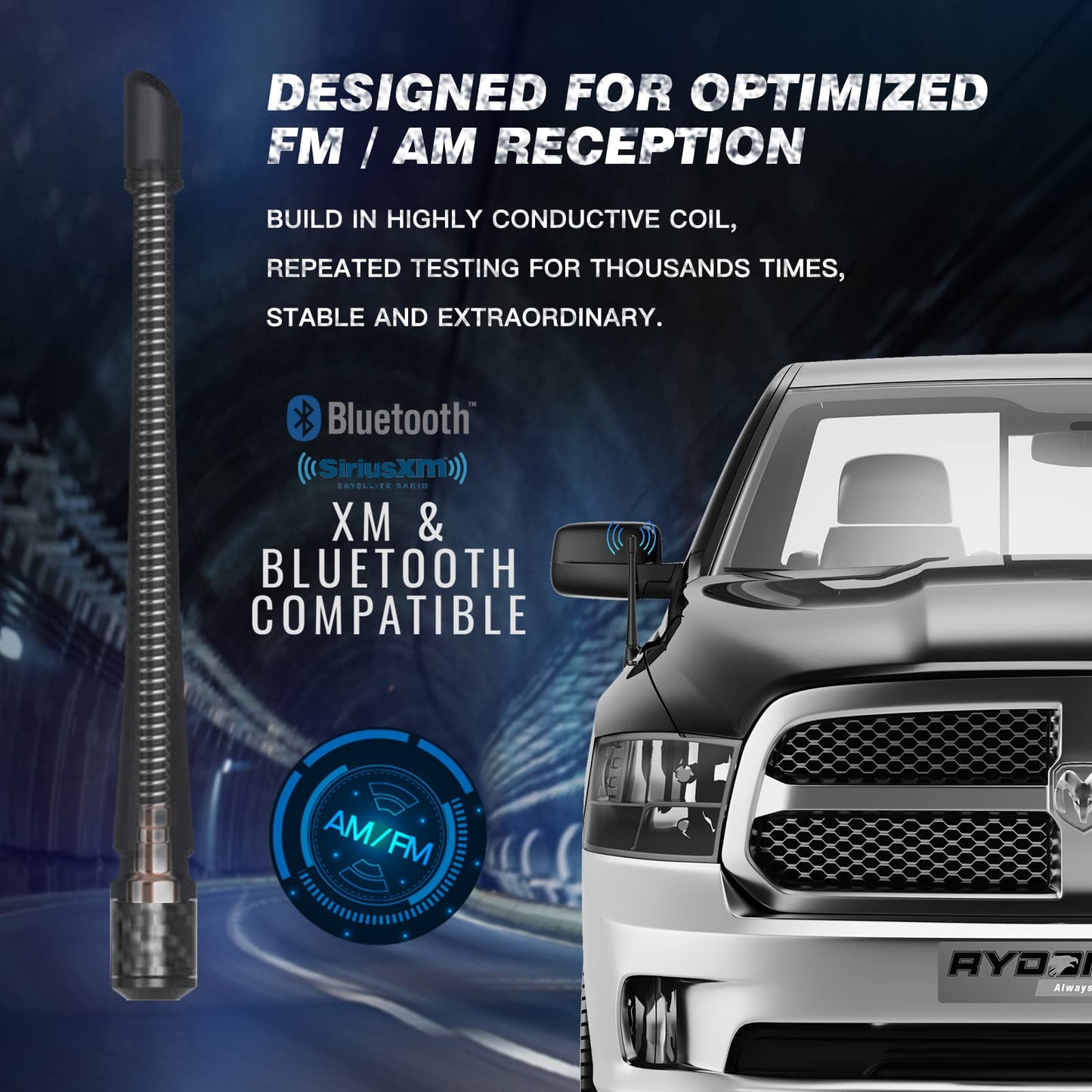Rydonair Antenna Compatible with 2012-2024 Dodge Ram 1500 | 7 inches Rubber Antenna Replacement | Designed for Optimized FM/AM Reception